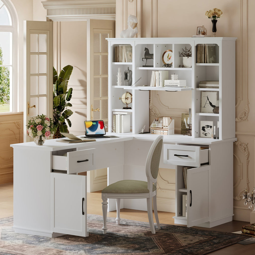 L-Shaped Computer Desk with 2 Cabinets and 2 Drawers, 11 Open Shelves , with Electrical Outlet, for Study, Living Room and Office, White