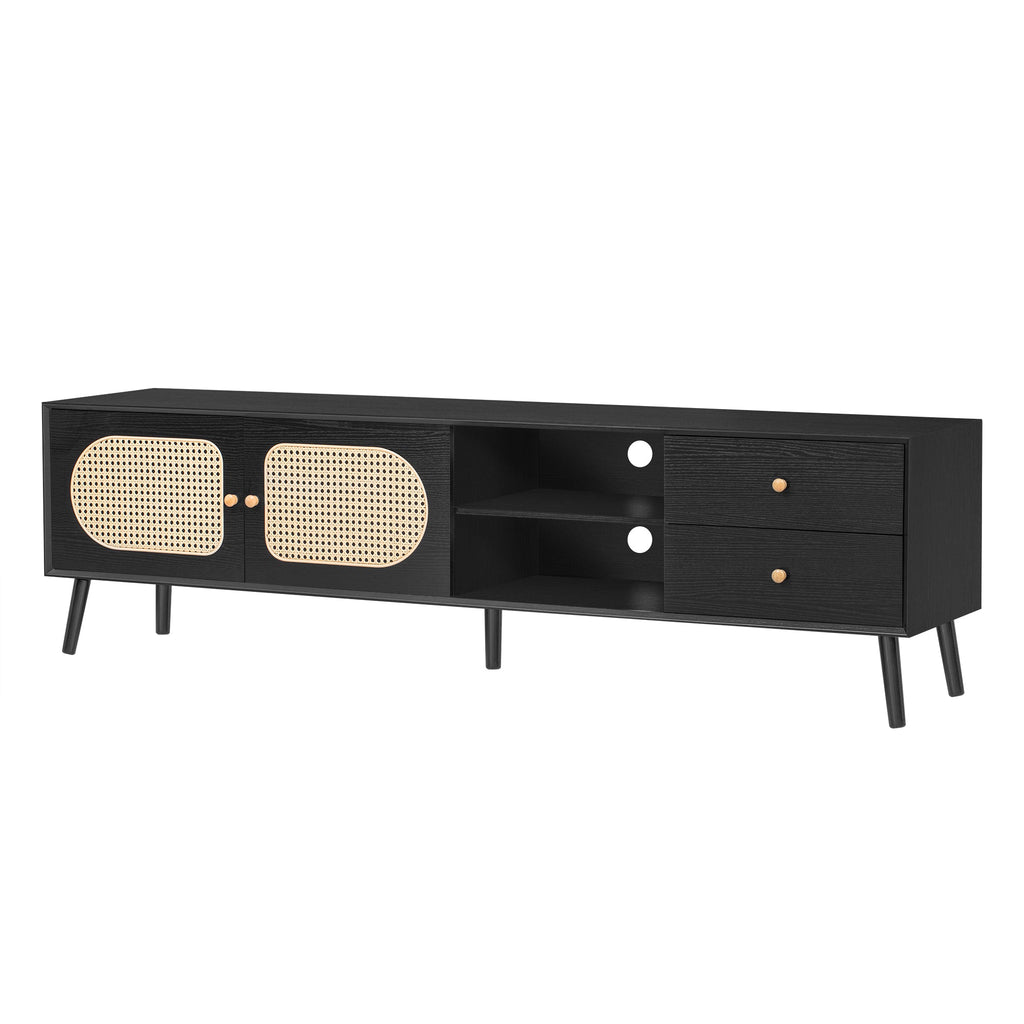70' TV Stand for TVs up to 80 Inches, Mid Century Modern Entertainment Center with Rattan Doors, 2 Drawers, and Open Shelf, Television Stand for Living Room