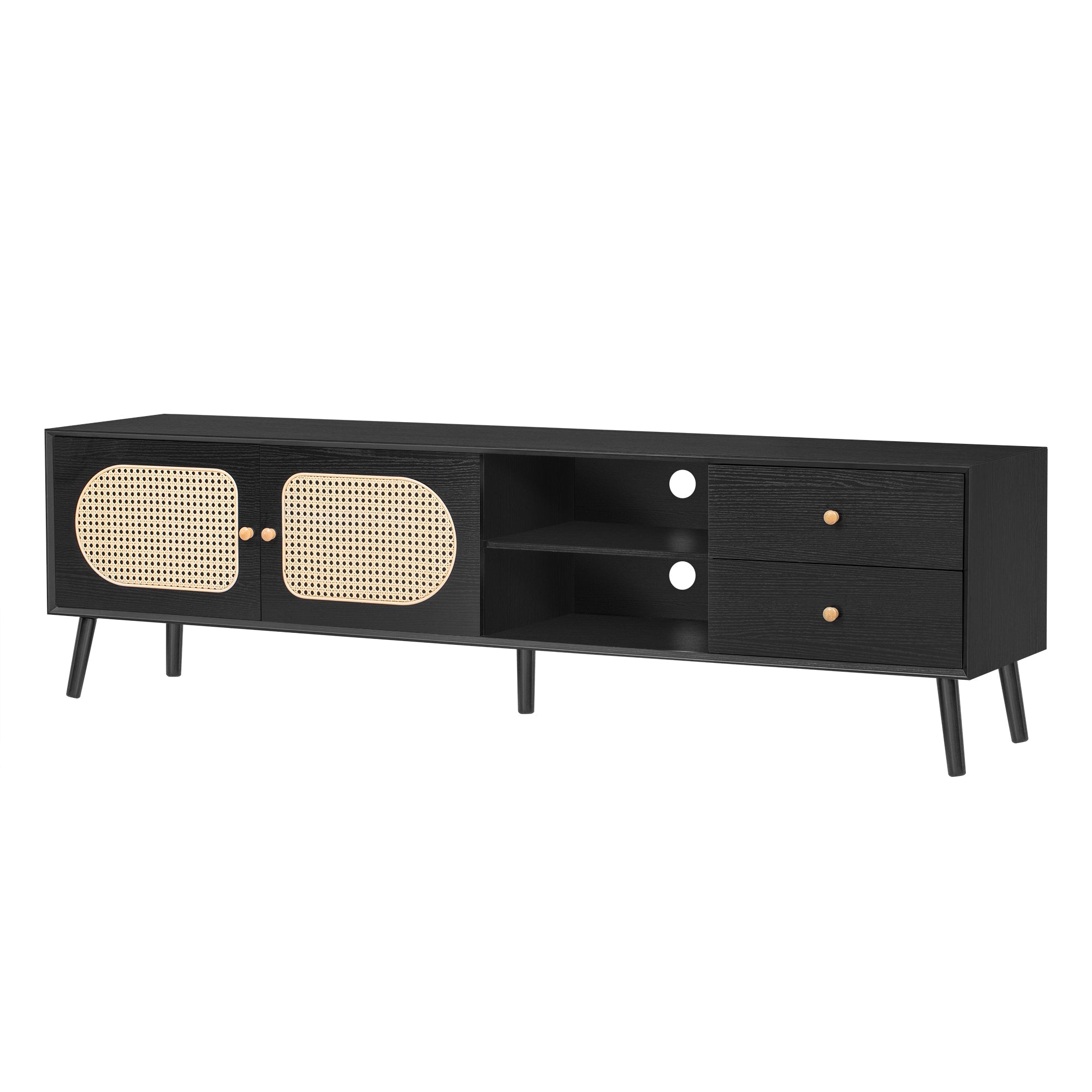 70' TV Stand for TVs up to 80 Inches, Mid Century Modern Entertainment Center with Rattan Doors, 2 Drawers, and Open Shelf, Television Stand for Living Room