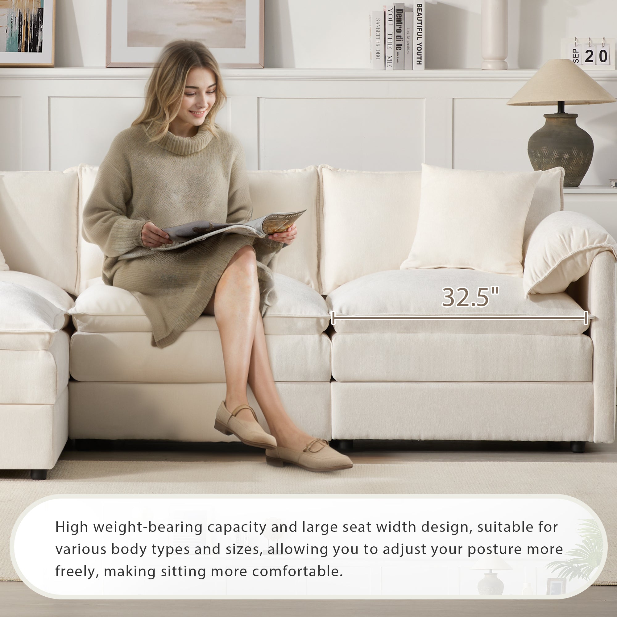 Chenille Modular Sectional Sofa with Deep Seat and Movable Ottoman in Cream