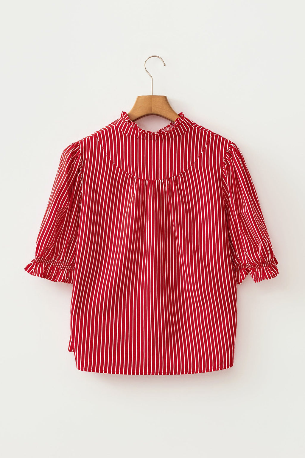 Stripe Ruffle Puff Sleeve Button Front Blouse