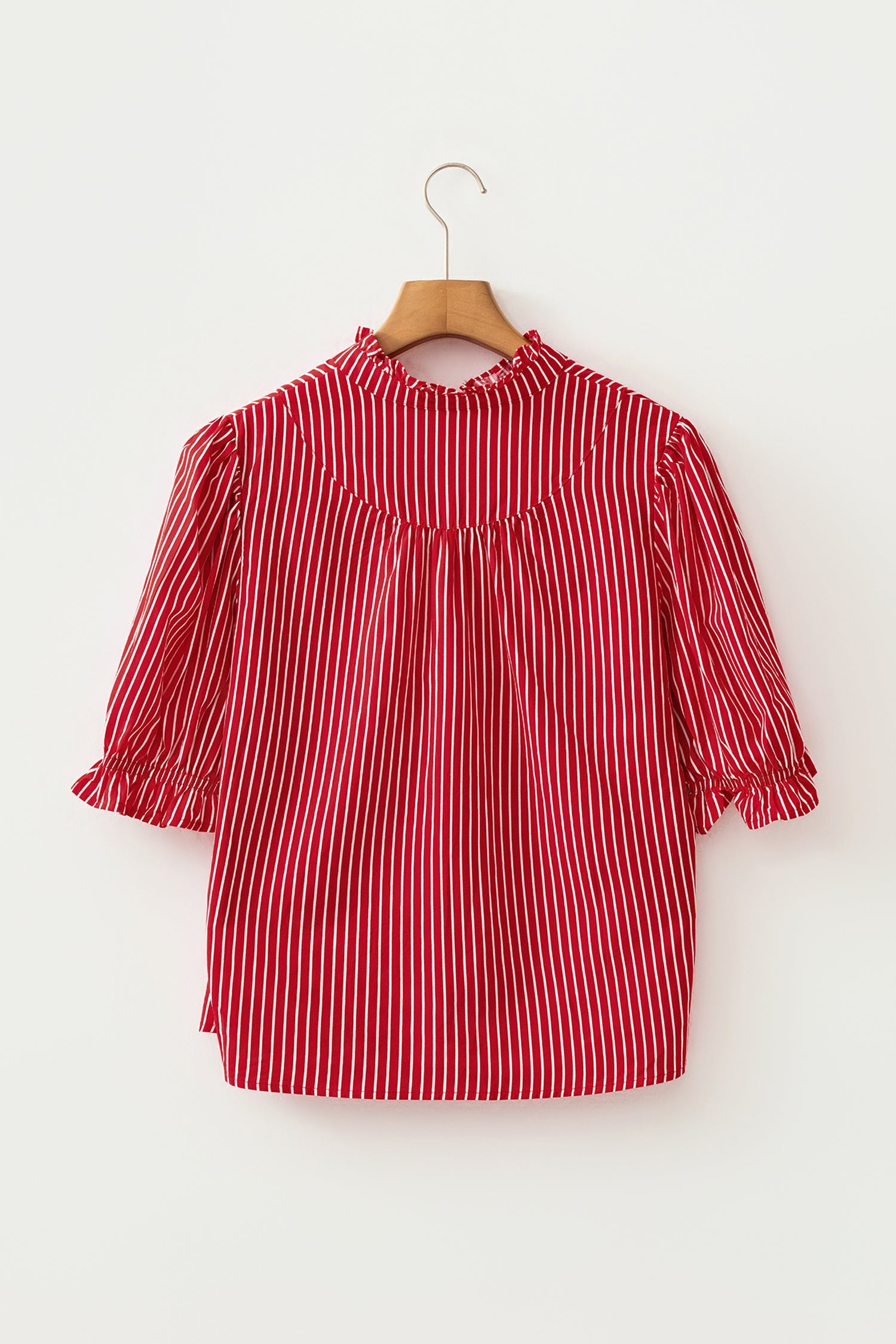 Stripe Ruffle Puff Sleeve Button Front Blouse