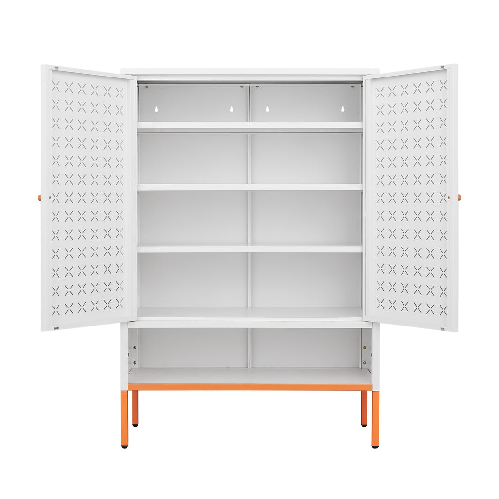 Grid Double Door Shoe Cabinet with Adjustable Compartments and Moisture-Proof Design in White Metal