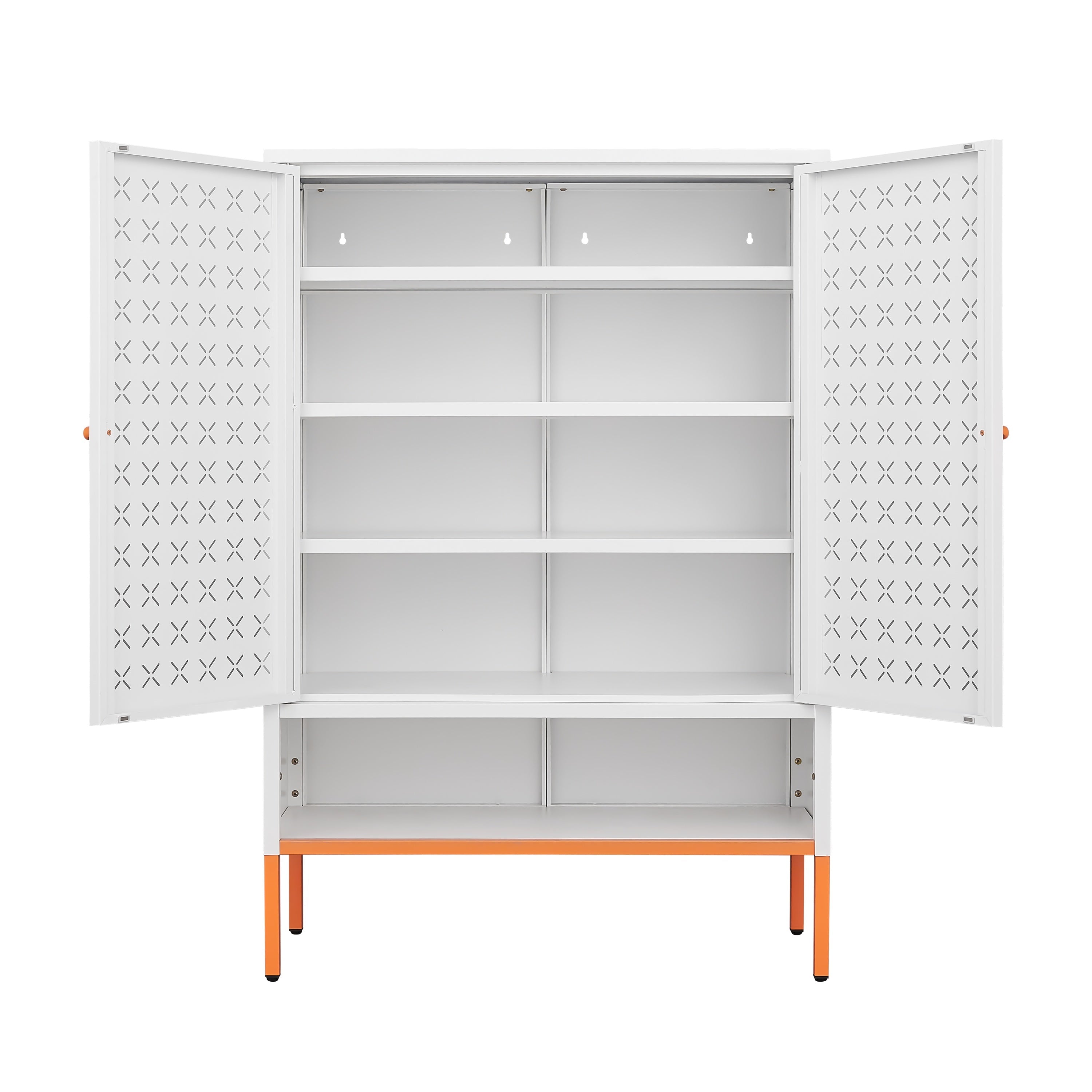 Grid Double Door Shoe Cabinet with Adjustable Compartments and Moisture-Proof Design in White Metal