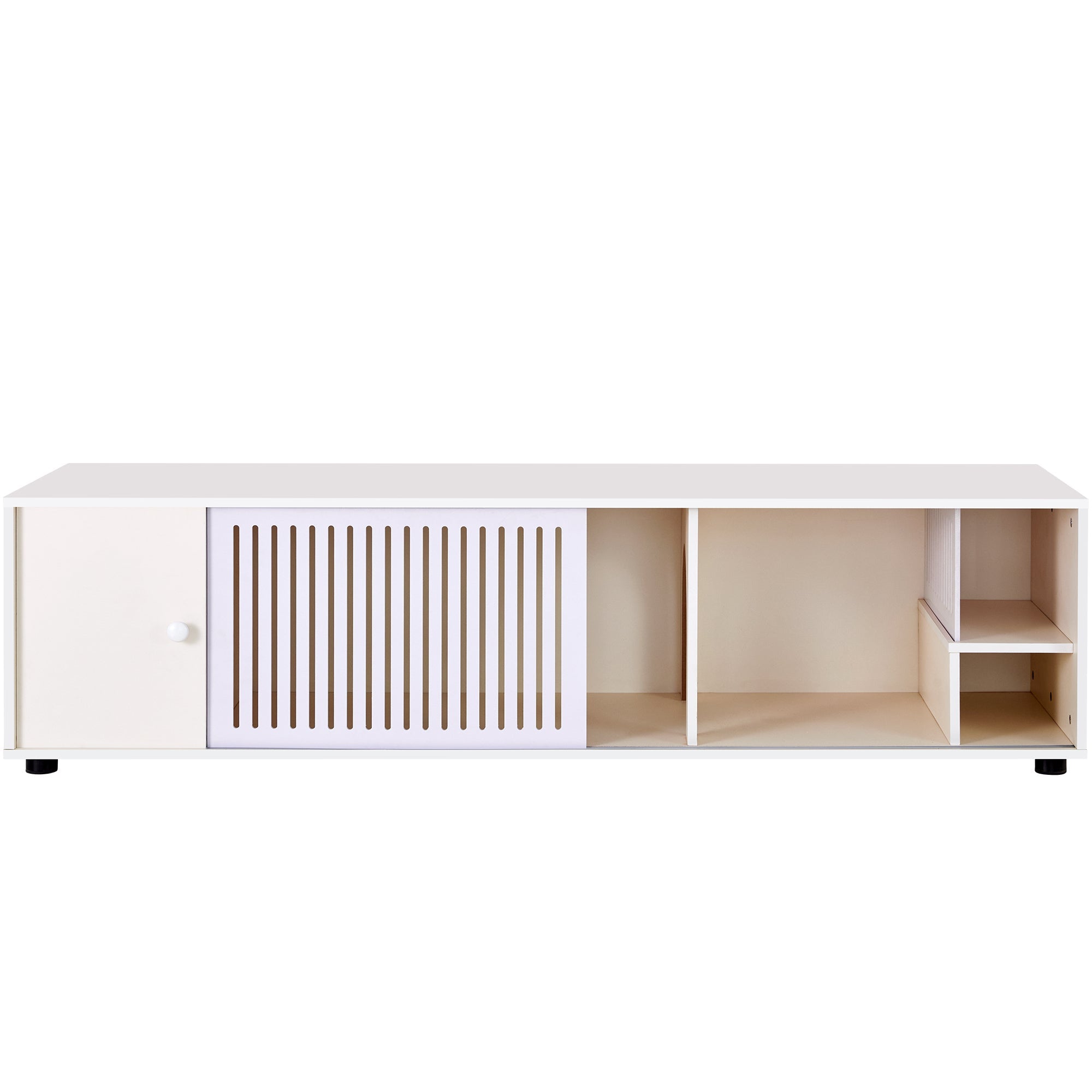 Modern Cream White TV Stand with Storage, Cat Litter Box Enclosure with Removable Sliding Door