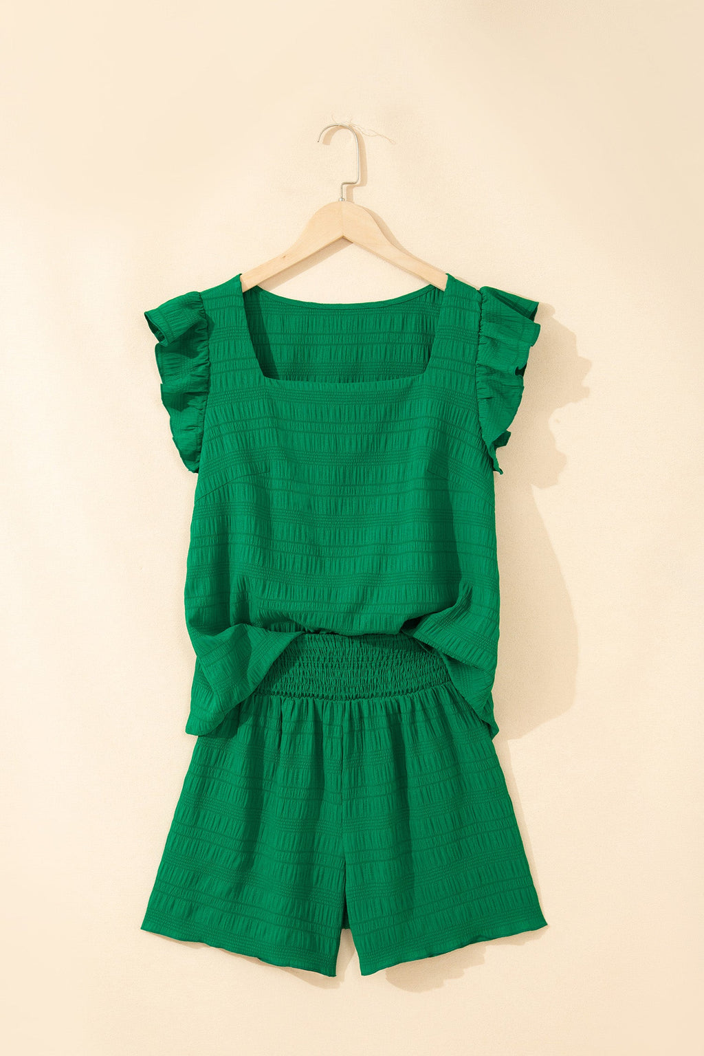 Solid Textured Square Neck Top & Shorts Set