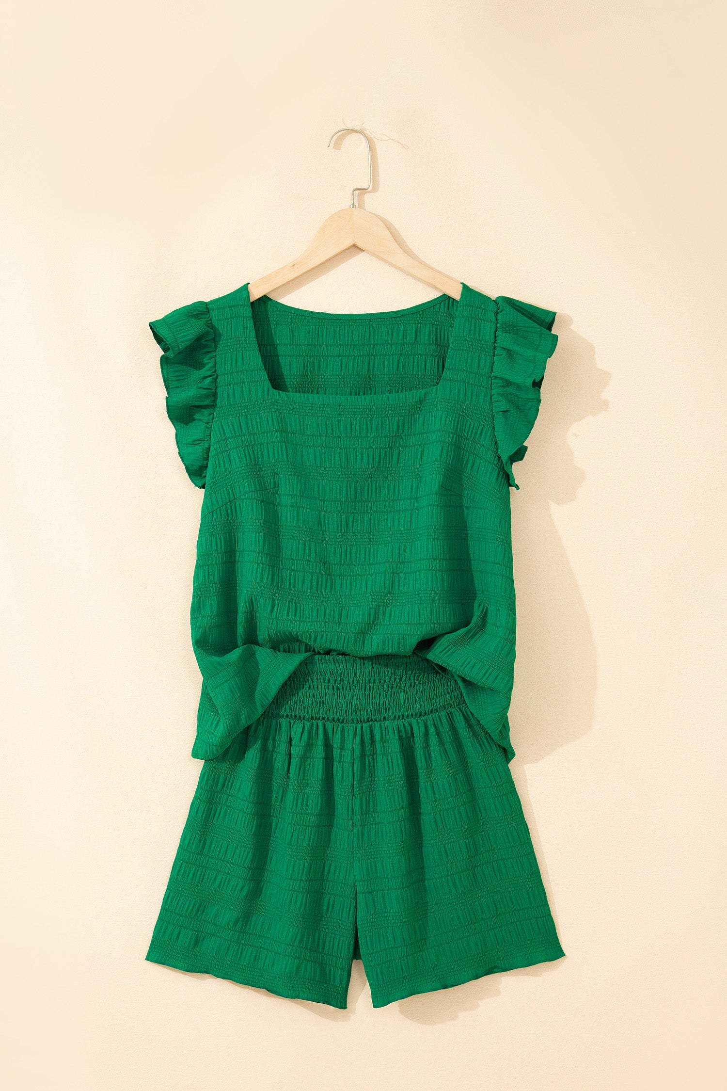 Solid Textured Square Neck Top & Shorts Set