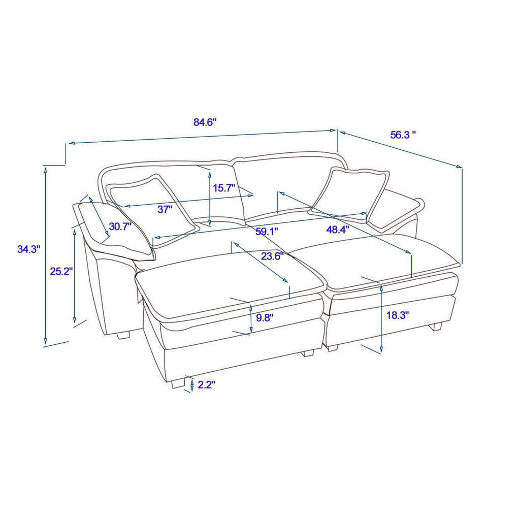 Corduroy 2-seats sofa With 2 back pillows,2 toss pillows and two ottoman,Comfy Sofa- Deep Seat Couch for Living Room,White