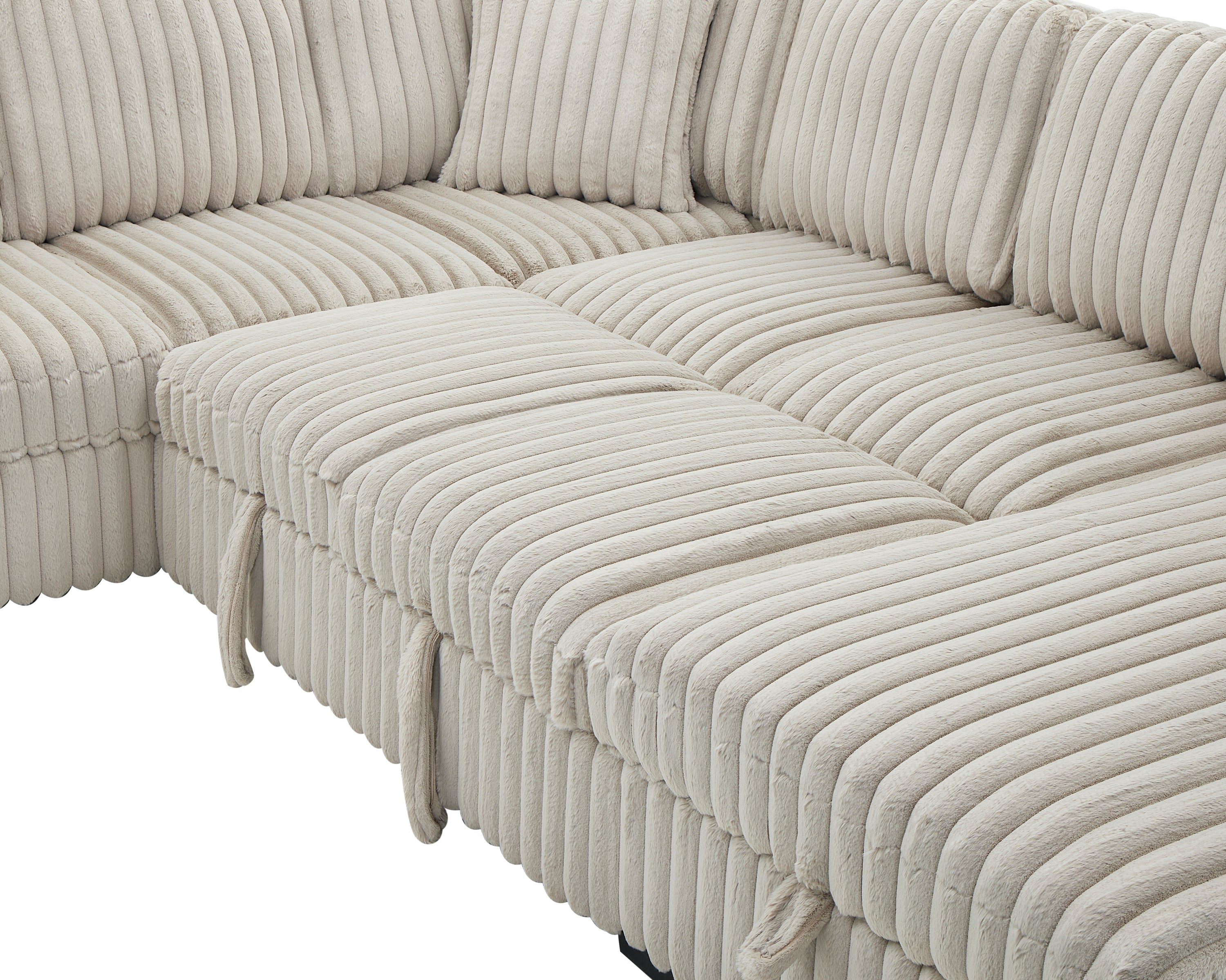 122 Inch Pull Out Couch, Rabbit plush Fabric Sofa Bed with USB Ports & Comfy Upholstered, Oversized U Shape Sectional Sleeper Sofa Bed with Storage Chaise, Khaki