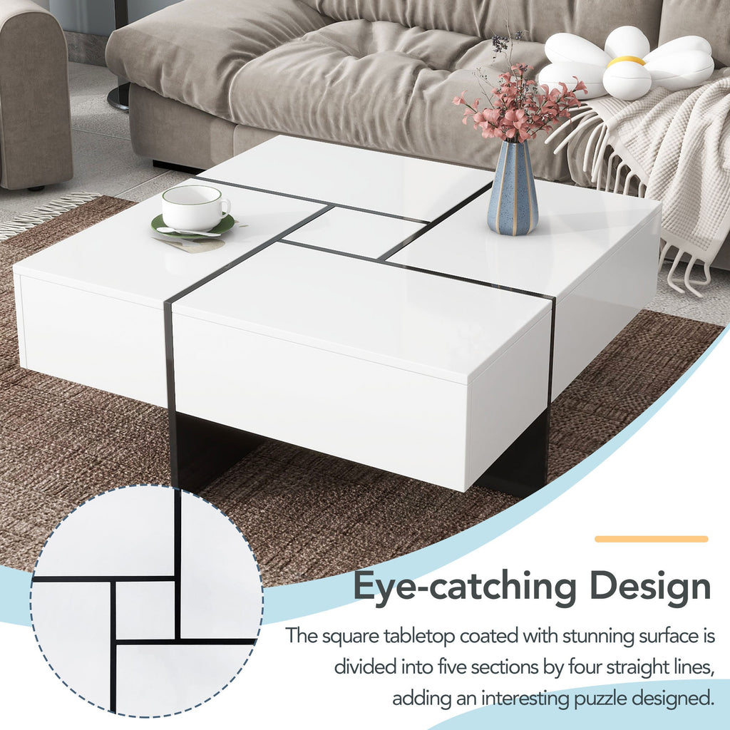 ON-TREND Unique Design Coffee Table with 4 Hidden Storage Compartments, Square Cocktail Table with Extendable Sliding Tabletop, UV High-gloss Design Center Table for Living Room, 31.5'x 31.5'