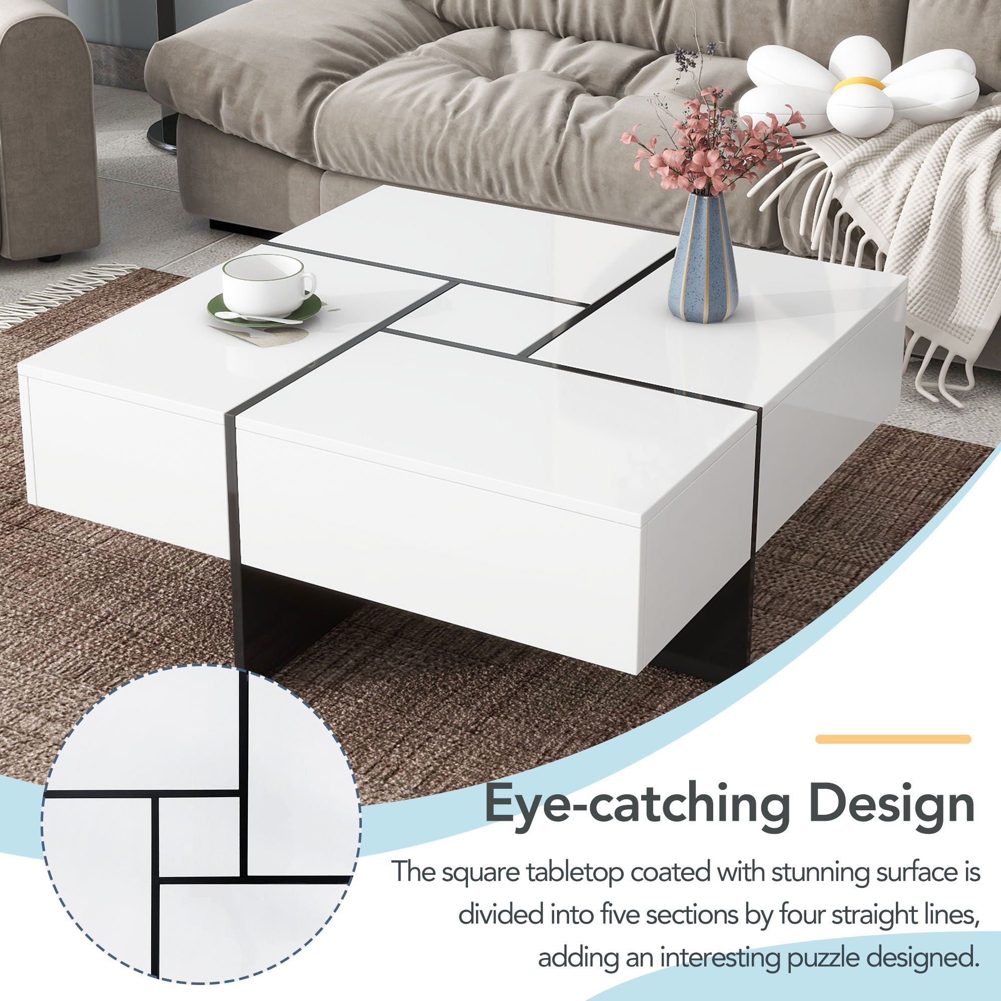 ON-TREND Unique Design Coffee Table with 4 Hidden Storage Compartments, Square Cocktail Table with Extendable Sliding Tabletop, UV High-gloss Design Center Table for Living Room, 31.5'x 31.5'