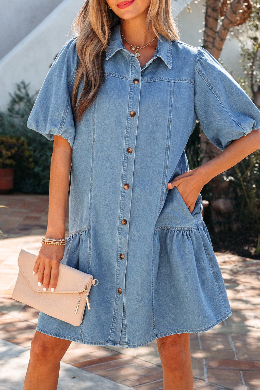Denim Short Puff Sleeve Ruffle Hem Buttoned Dress