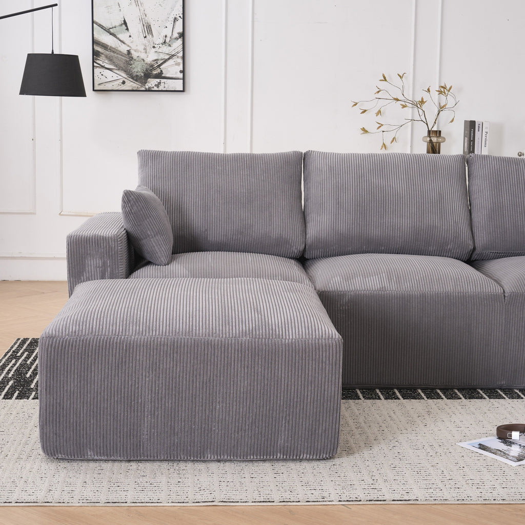 Modern U-shaped 6-seat Upholstered Sleeper Sofa with Console, Cupholders, USB Ports, Gray Corduroy