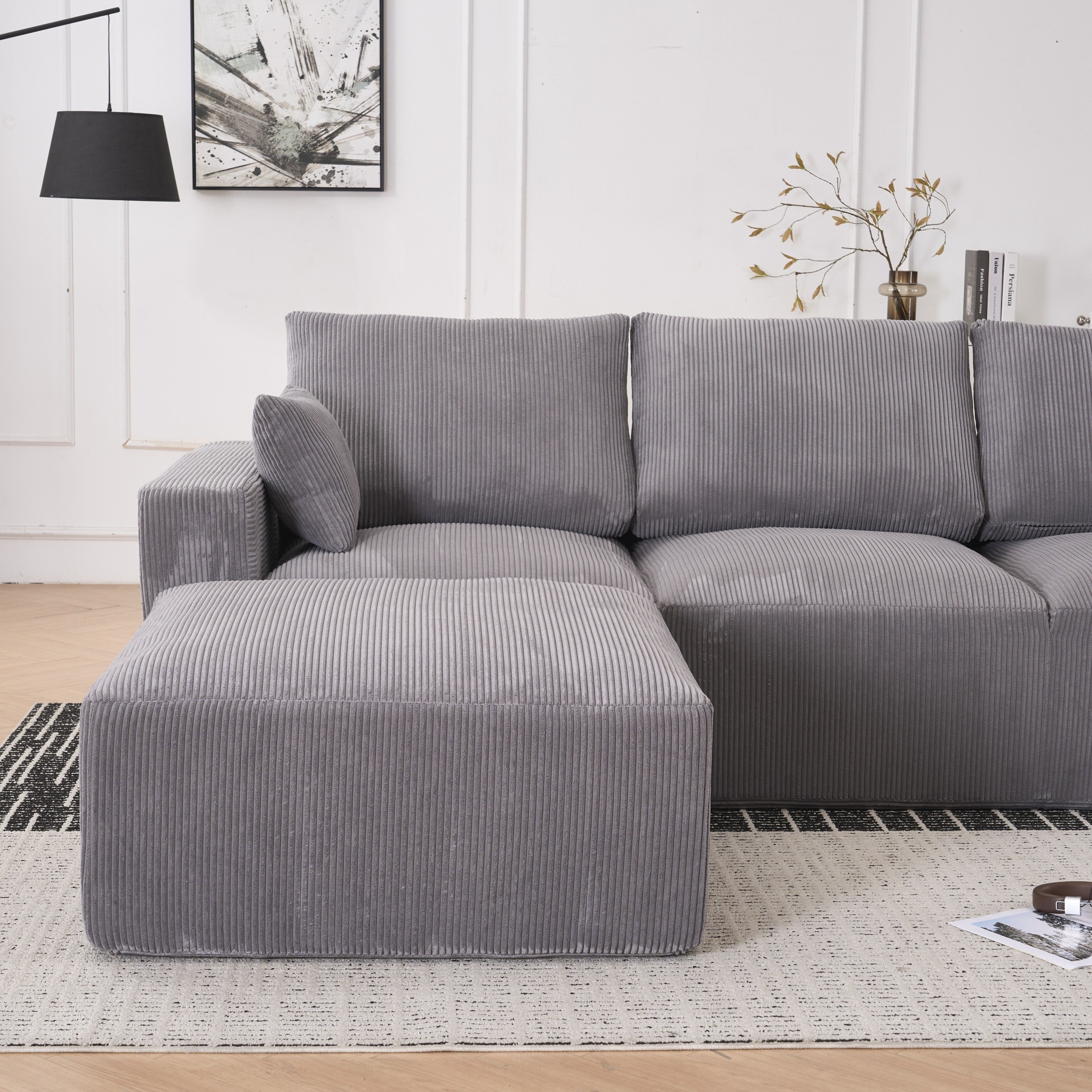 Modern U-shaped 6-seat Upholstered Sleeper Sofa with Console, Cupholders, USB Ports, Gray Corduroy