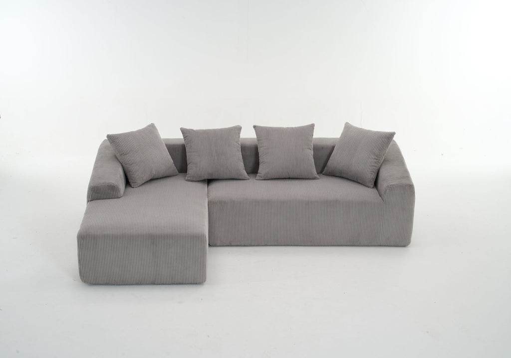 LY-023 LIGHT GREY COMPRESSION SOFA: Combining chaise longue with 3-seater, Corduroy Fabric, full sponge compression sofa,combined sofa with 4 pillows for living/ Home Furniture/ Apartment