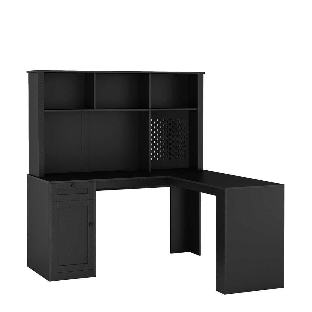 L Shaped Desk with Charger,Computer Desk with Drawers,Bookshelf,Modern Corner Desk,Home Office Desk,L-Shaped Study Table Writing Desk,Carbon fiber Gaming Computer Desk with Storage,Black
