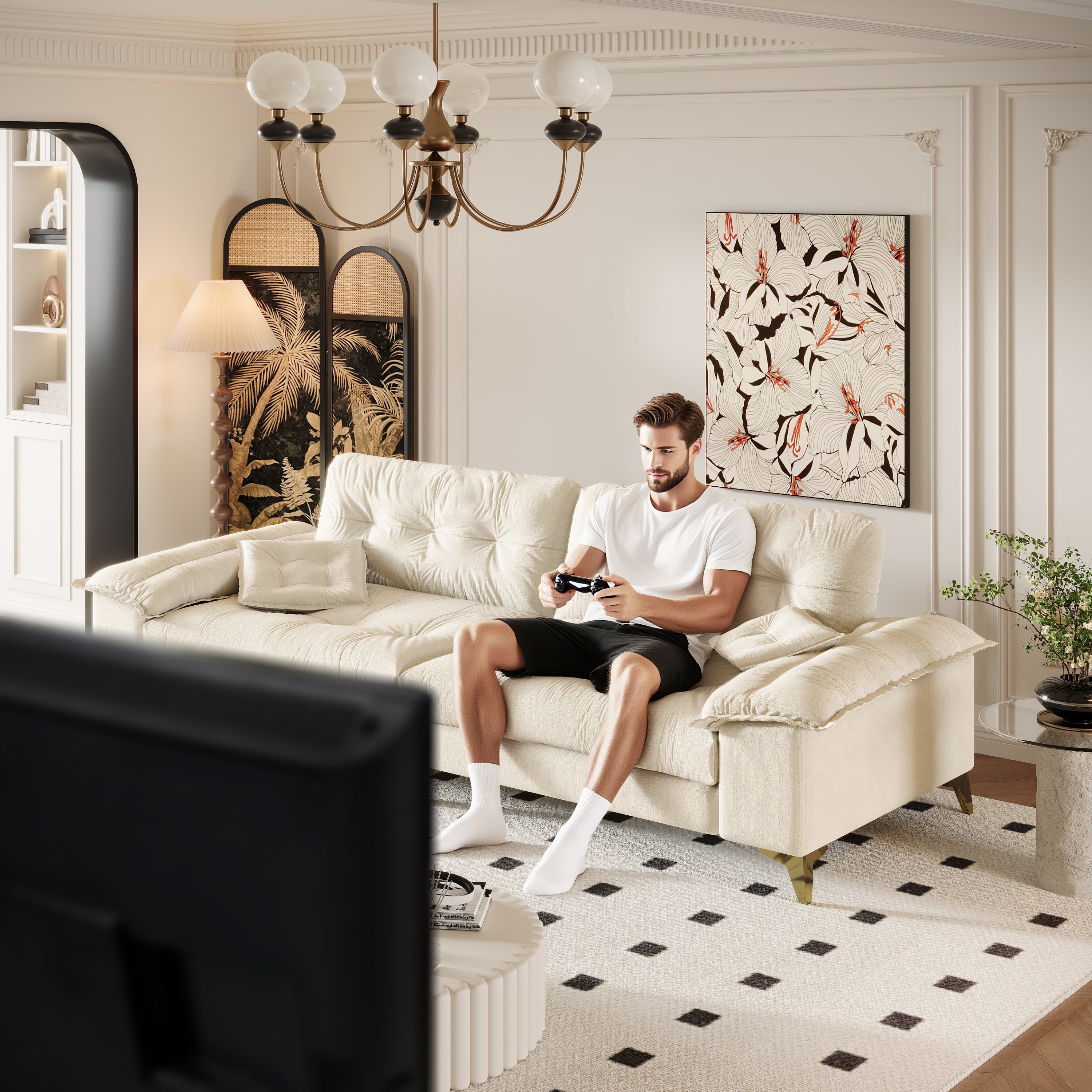 104.7 ' Modern 4-Seat Cloud Sofa with Wide Removable Armrests, Tufted Sofa with Metal Legs,Comfy Chenille Upholstered Couch with 2 Pillows for Living Room,Bedroom,Apartment, Office,Studio,Beige