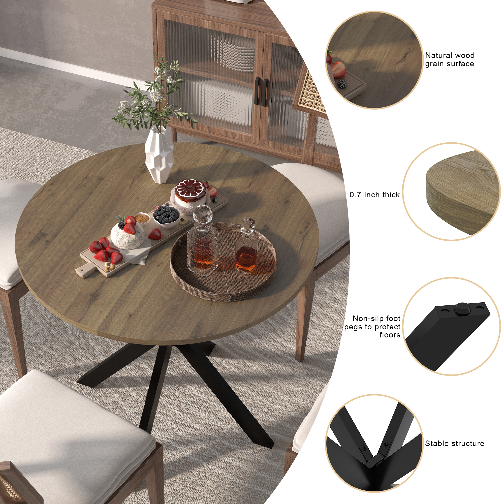 31.5 Inch Round Dining Table, Small Circle Kitchen Table with Metal Black Legs for 2-4 people,Modern Dining Room Table, Brown (only table)