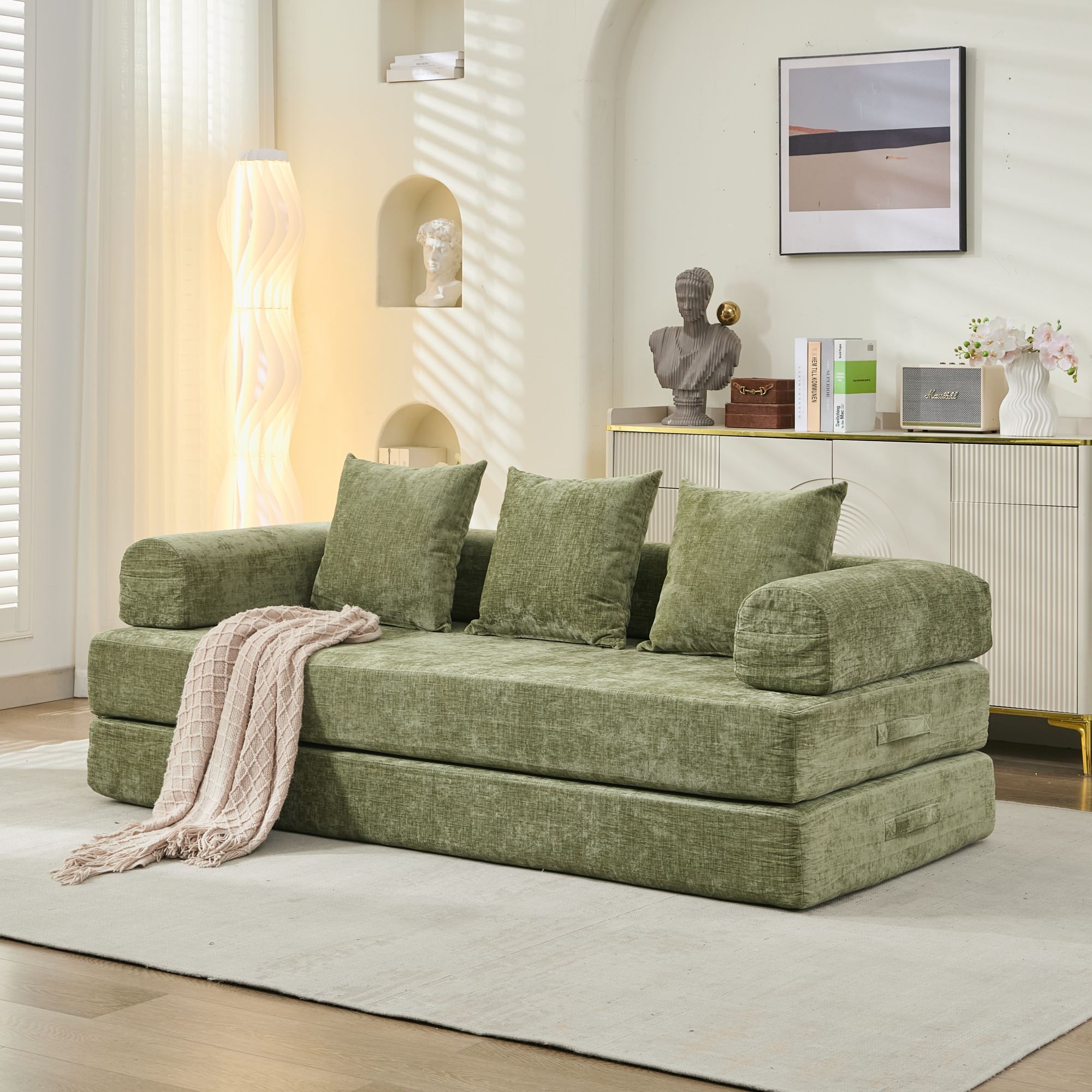 Comfy Convertible Folding Mattress Couch, Floor Sofa Bed, Chenille Floor Sofa with Armrest, Floor Sofa Lounge Couch for Living Room Bedroom Lounge Studio-Green