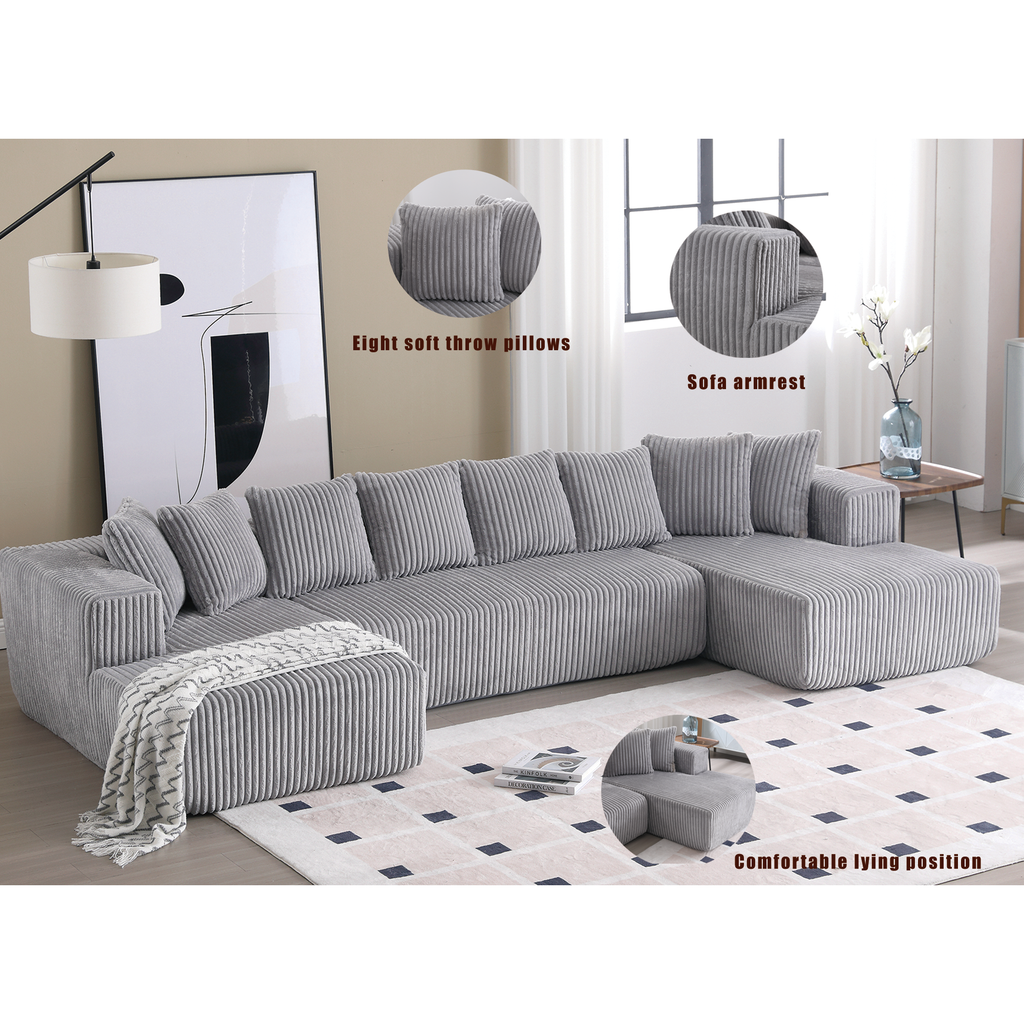 [NEW ARRIVED] [VIDEO PROVIDED]133.45'' Modular Sectional Couch, U-shaped sofa , Chaise Lounge, Striped fabric,Upholstered 4 Seater Couch for Living Room, Free Combination Sofa (Corduroy), Gray