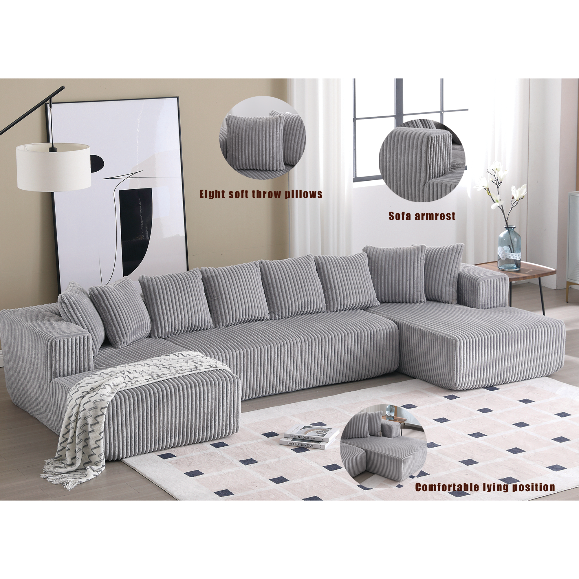 [NEW ARRIVED] [VIDEO PROVIDED]133.45'' Modular Sectional Couch, U-shaped sofa , Chaise Lounge, Striped fabric,Upholstered 4 Seater Couch for Living Room, Free Combination Sofa (Corduroy), Gray