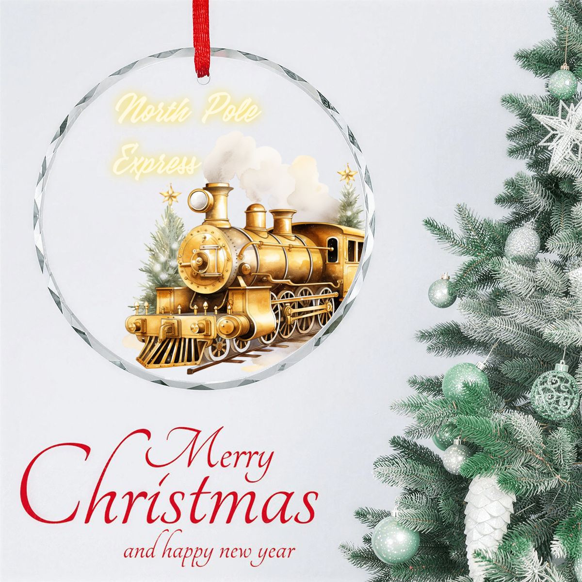 North Pole Express Golden Train Round Glass Christmas Ornament (Made in USA)
