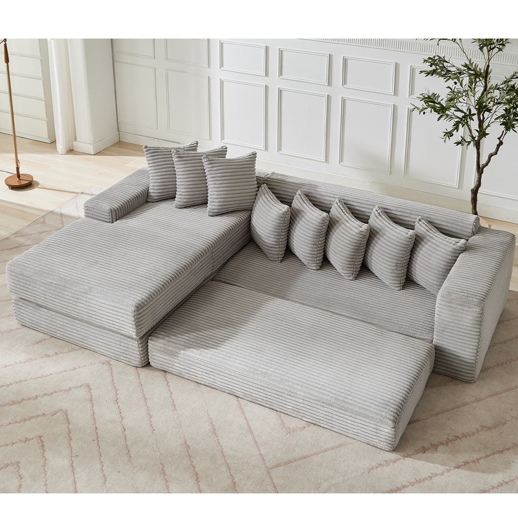 [NEW ARRIVED] [VIDEO PROVIDED]   Oversize Cloud Couch, L-Shape Sofa, Convertible Floor Sleeper Sofa Bed,  No Assembly ,Eight pillows,3-in-1,Side Pocket,(Left Facing Sofa),3 Seat,Corduroy,Light Gray