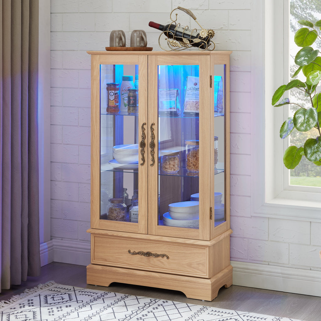 Lighted Glass Curio Display Cabinet with Adjustable Shelves - 2 Doors, 1 Drawer, LED Lights, Elegant Light Oak Finish