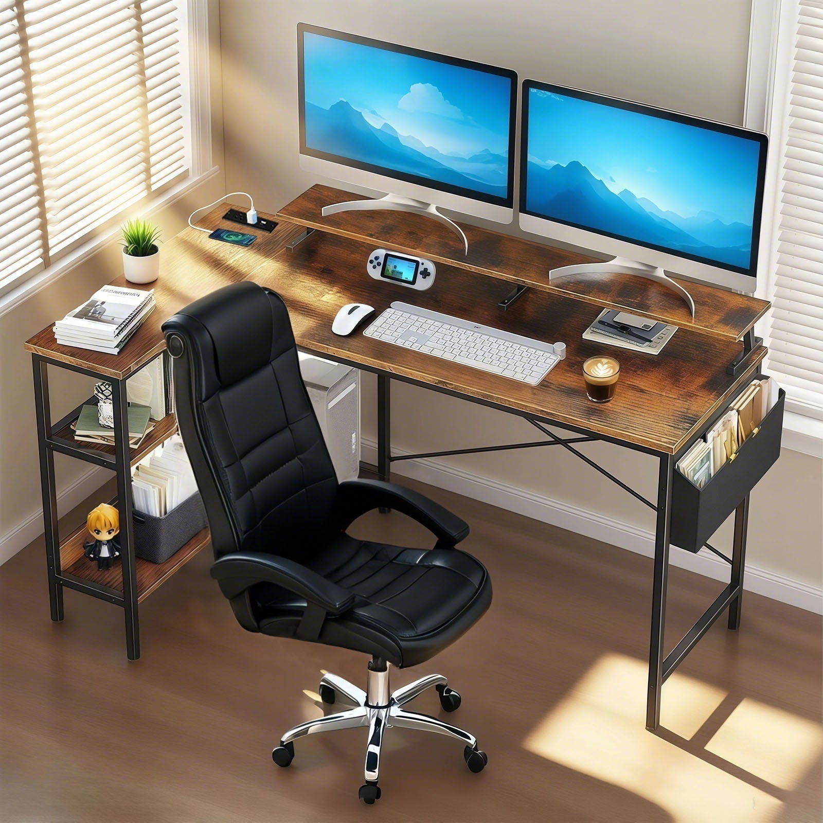 47'' Gaming Desk with Power Outlets, Reversible L Shaped Computer Desk with Monitor Stand & Storage Shelves, Corner Home Office Desk with Side Bag for Home Office, Bedroom, Small Space, Vintage