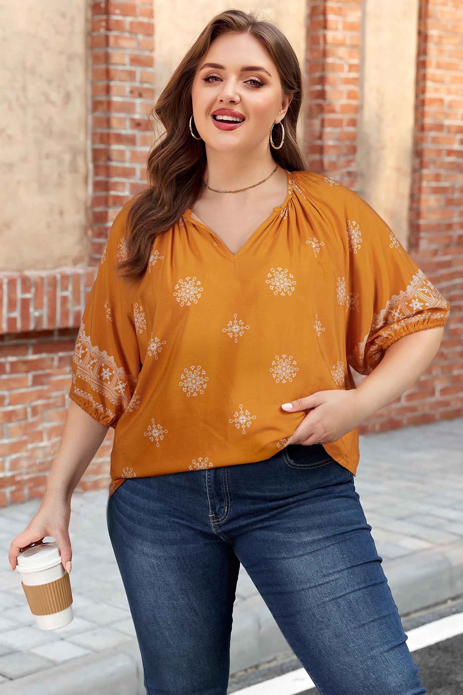 Plus Size Floral Boho Chic Notch V-Neck Top