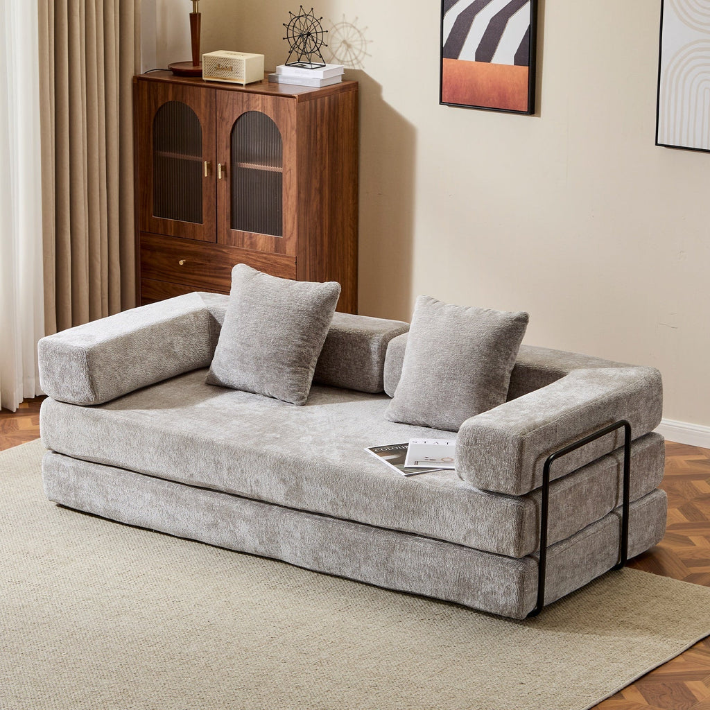 Floor Couch,Compression Sofa,Convertible Floor Sofa Bed-with Pillow Back Support Armrest,Comfy Futon Couch Lounge Sleeper Bed,Chenille fabric,for Living Room Bedroom (LIGHT-GREY)