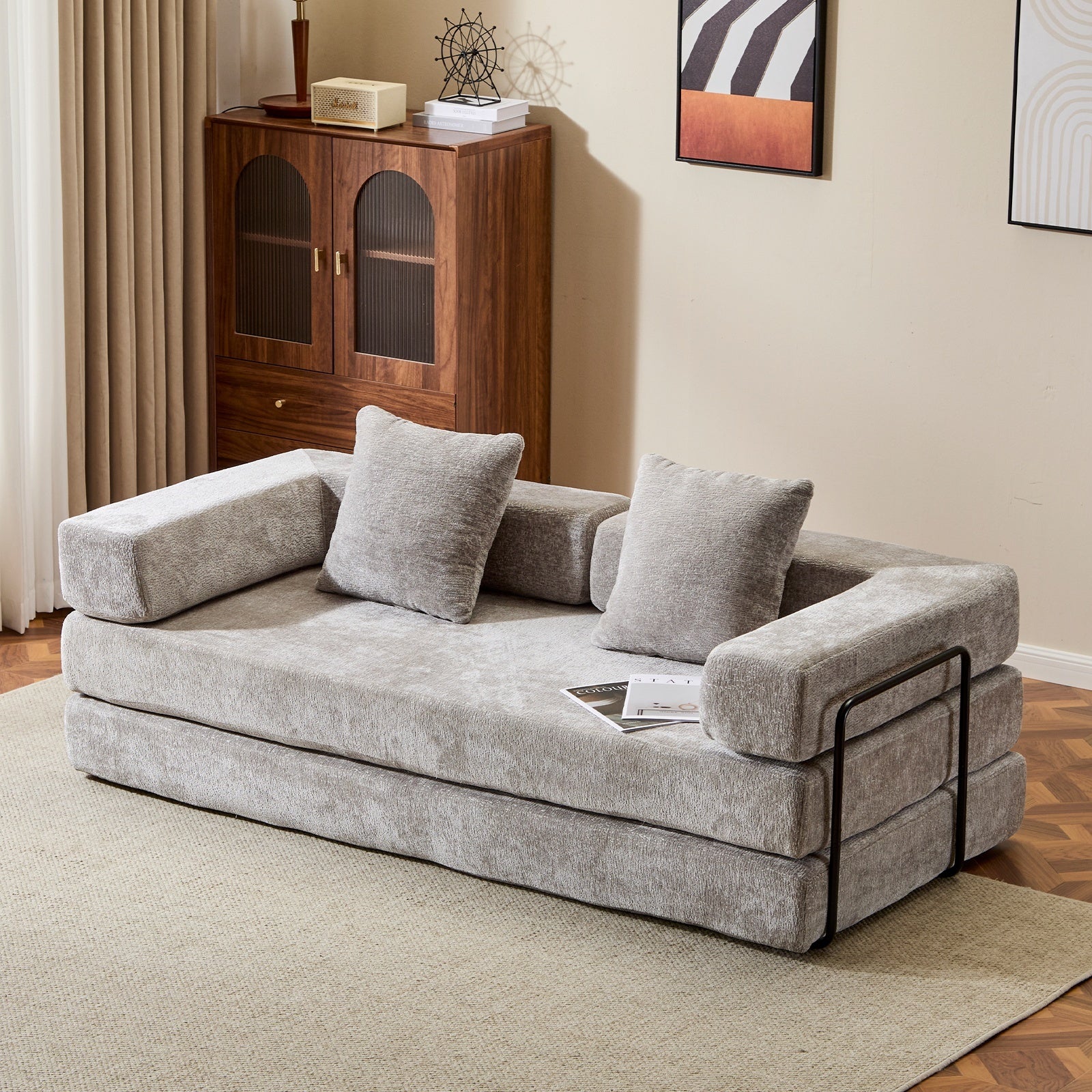 Floor Couch,Compression Sofa,Convertible Floor Sofa Bed-with Pillow Back Support Armrest,Comfy Futon Couch Lounge Sleeper Bed,Chenille fabric,for Living Room Bedroom (LIGHT-GREY)
