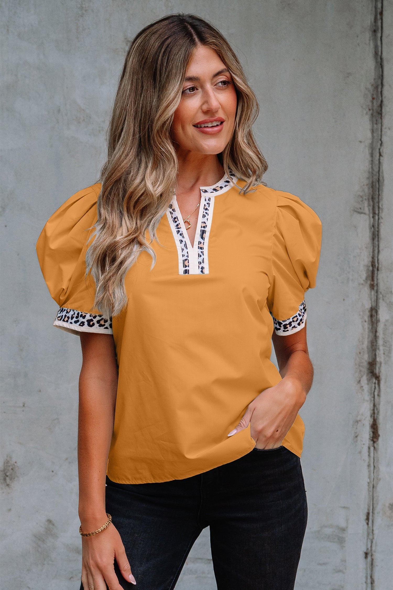 Leopard Contrast Trim Split Neck Puff Sleeve Blouse