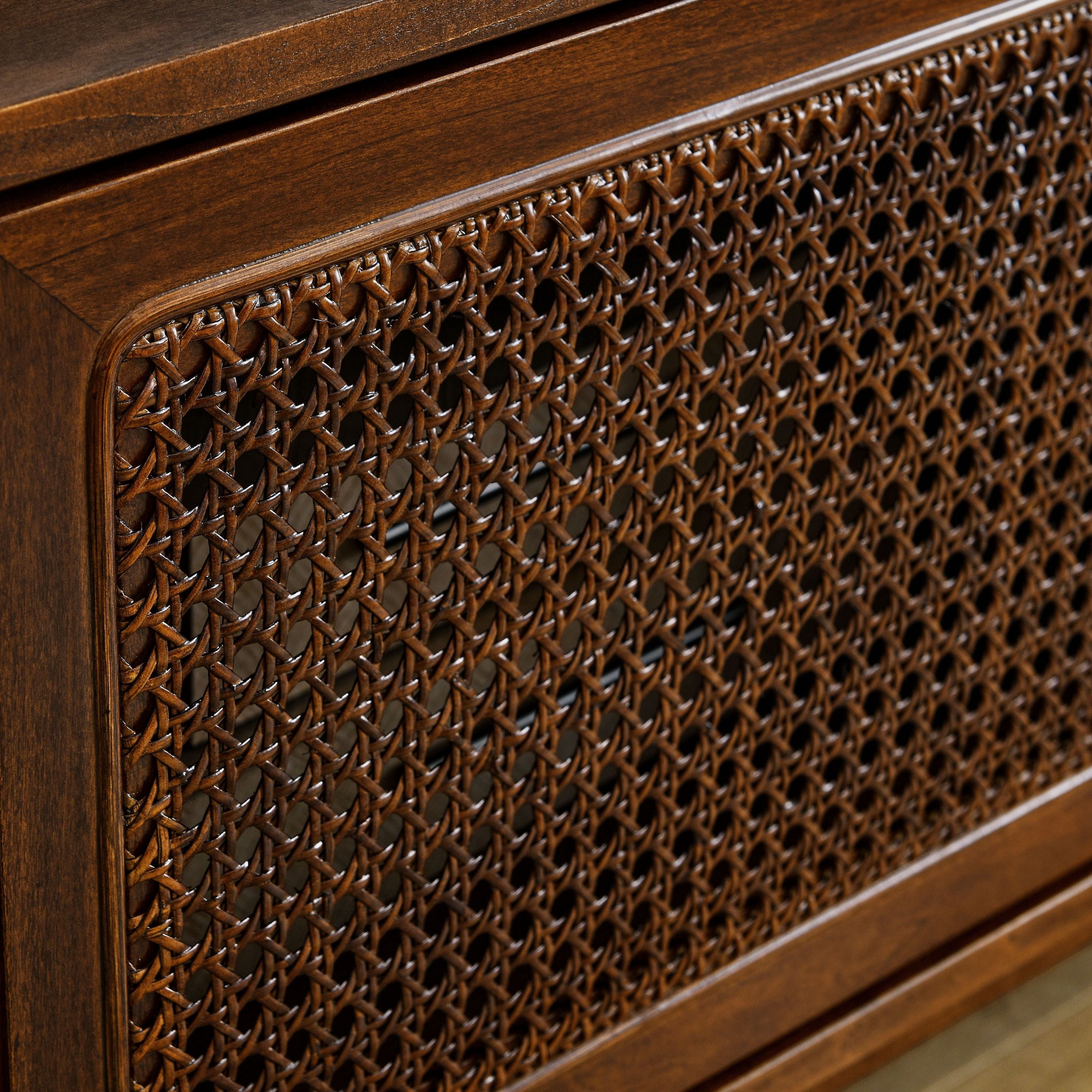 59 Inch Mid Century Modern Rattan TV Stand for 65 Inch TV, Entertainment Cabinet, Media Console for Living Room Media Room, Solid Wood Feet & Rattan Cabinet Doors - Dark Wood