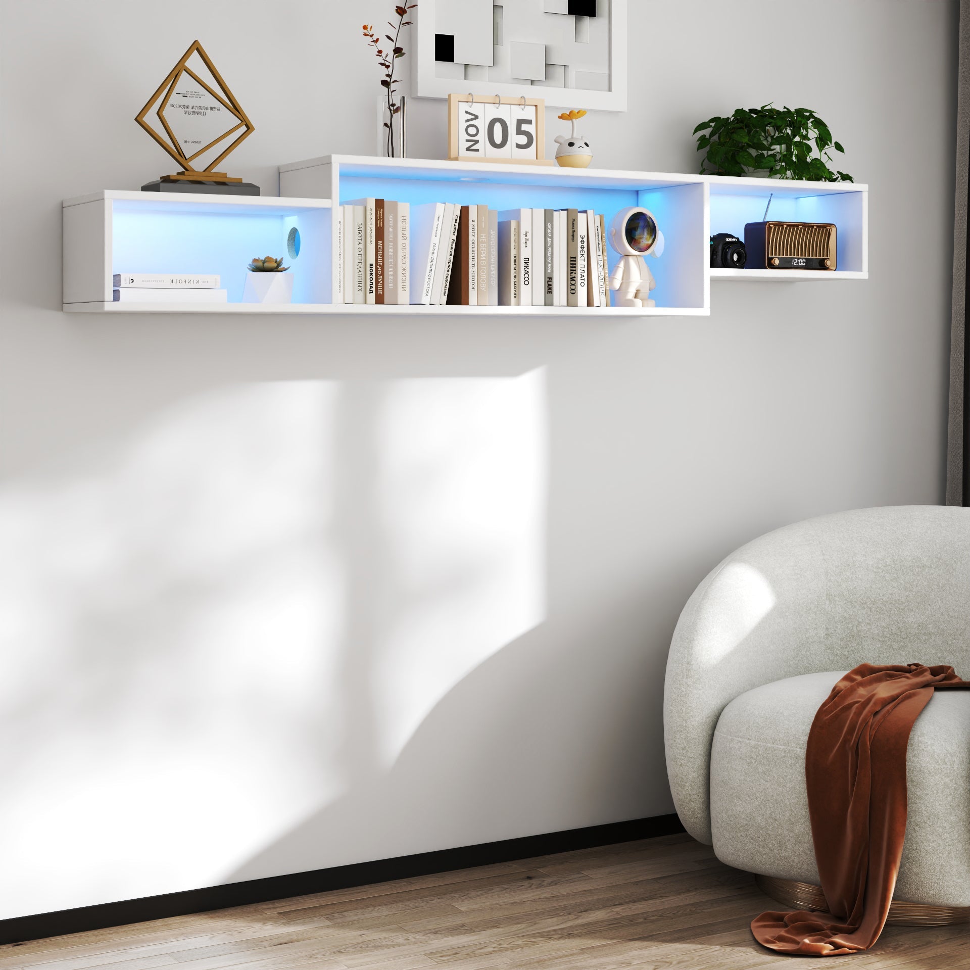 65.35in Wall Mounted Floating  TV Stand with 20 Color LEDs and Charging Station
