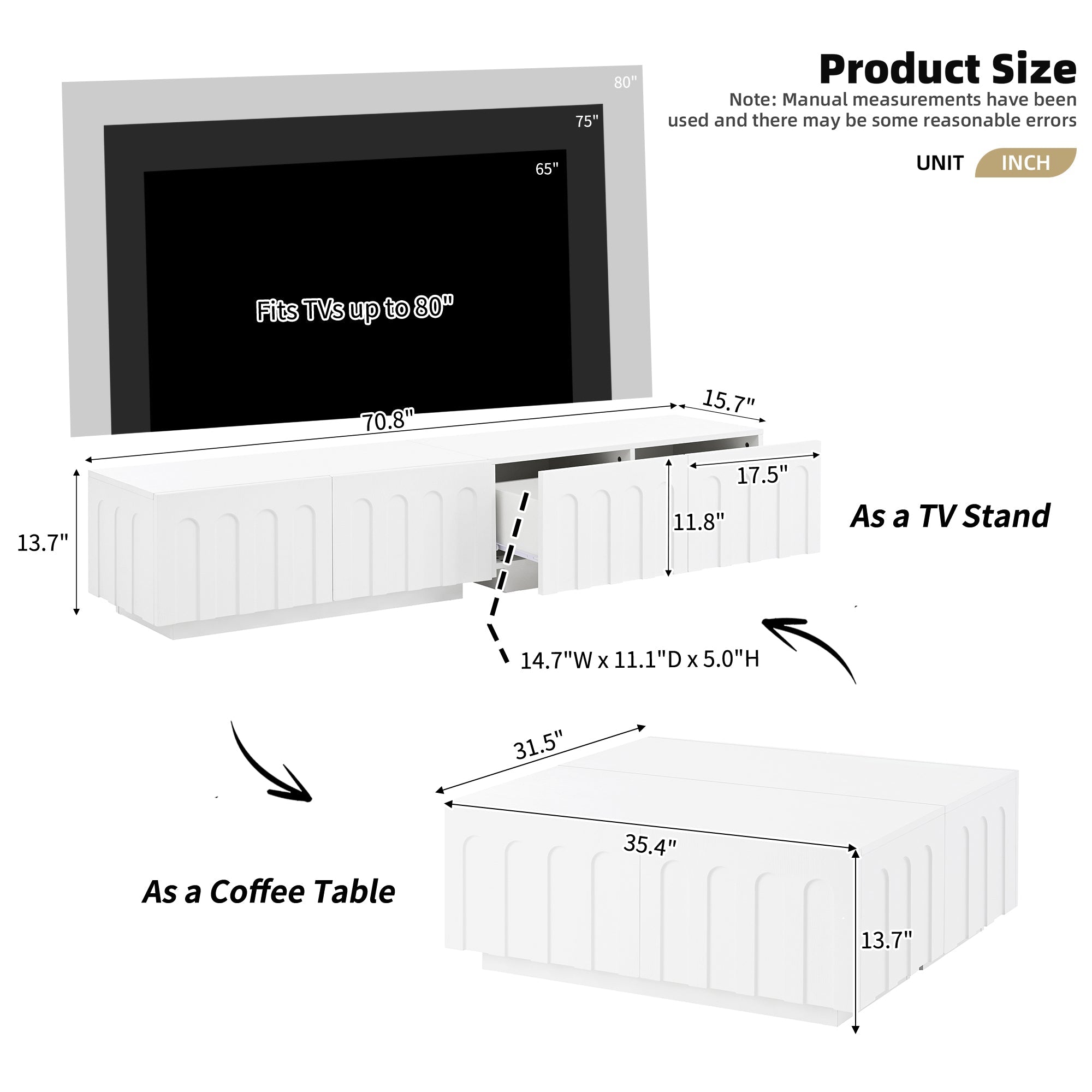 ON-TREND Elegant TV Stand with Arched Design for TVs Up to 80', Modern Dual Purpose Coffee Table with 4 Drawers, Multi-Functional Organizer Cabinet with Storage for Living Room, Bedroom, White
