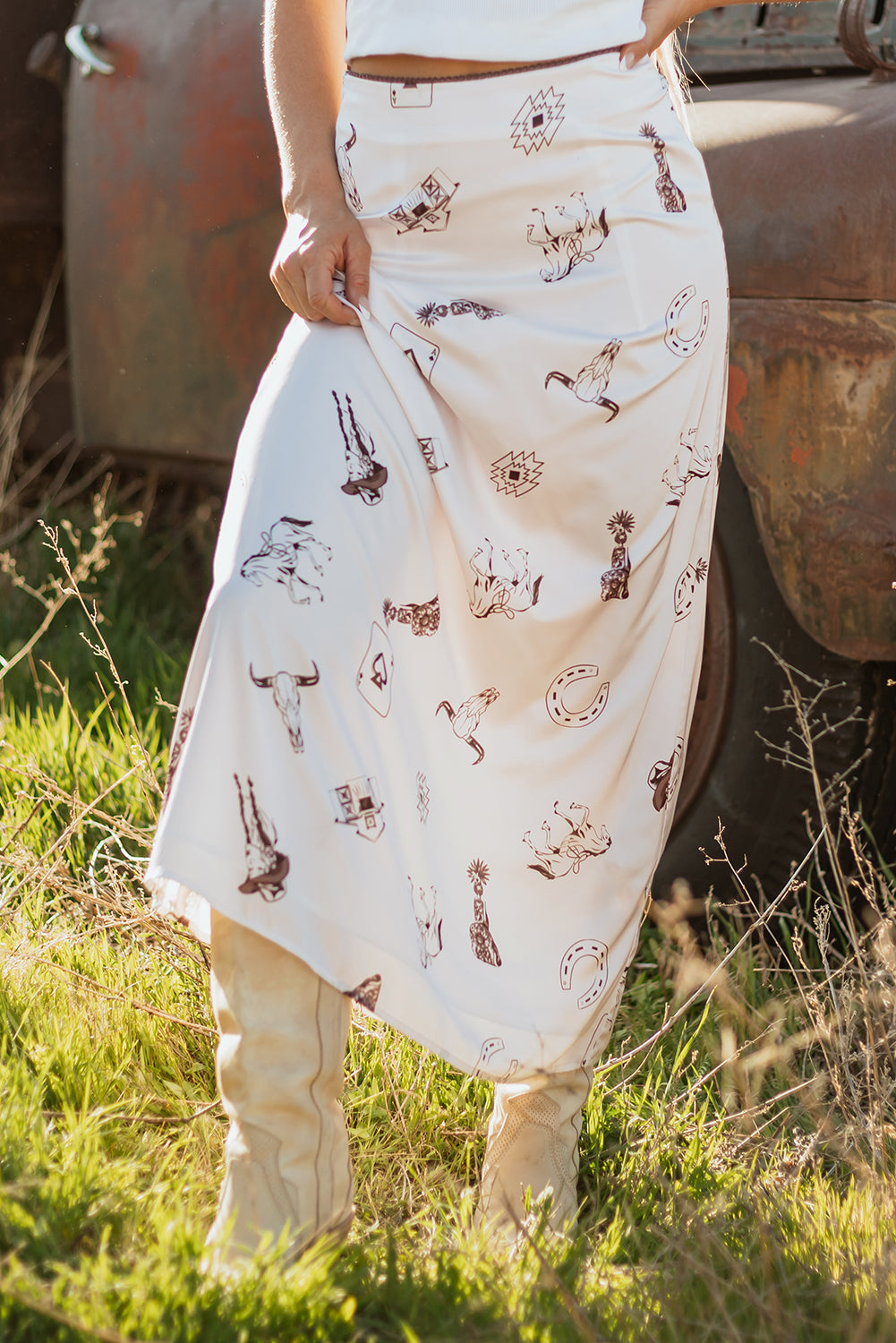Western Lace Trim High Waist Maxi Skirt