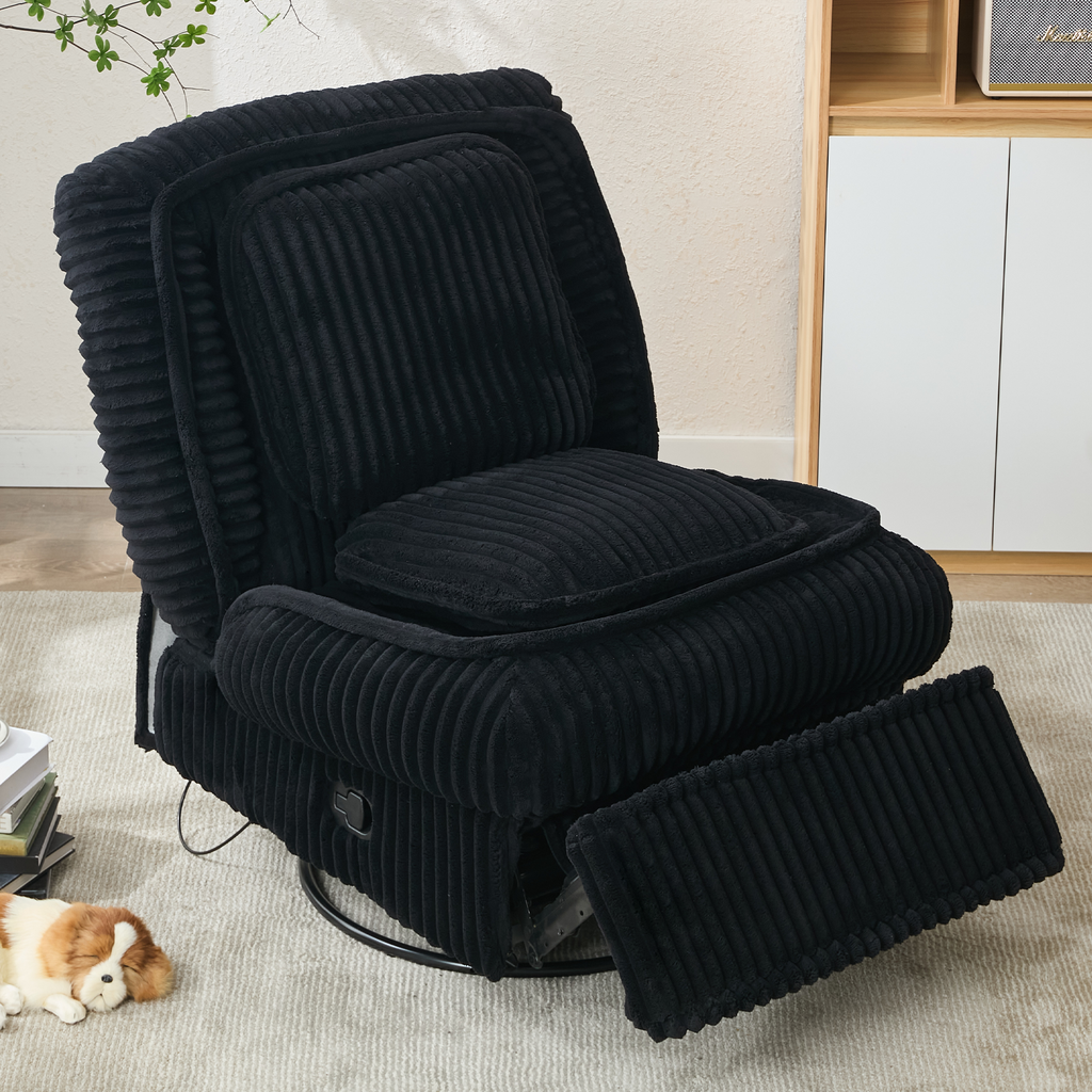 [NEW ARRIVED] 360° Swivel Rocking Single Sofa,Recliner Sofa, Manual Glider Rocking Armless Chair,Living Room Office, With Adjustable Backrest and Footrest and pillows, Small Spaces,Corduroy , Black