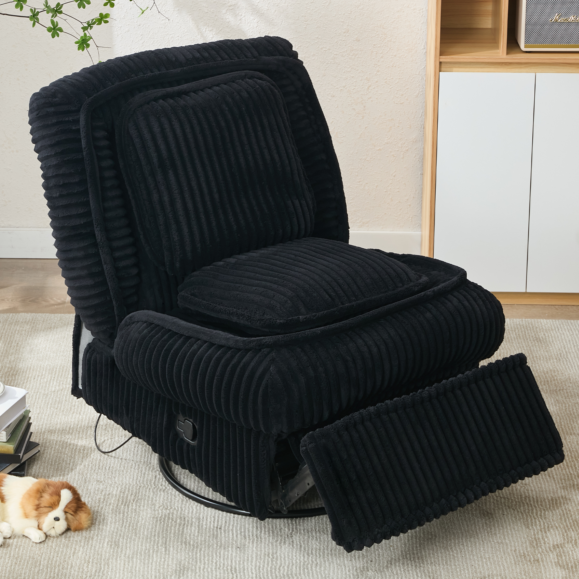[NEW ARRIVED] 360° Swivel Rocking Single Sofa,Recliner Sofa, Manual Glider Rocking Armless Chair,Living Room Office, With Adjustable Backrest and Footrest and pillows, Small Spaces,Corduroy , Black