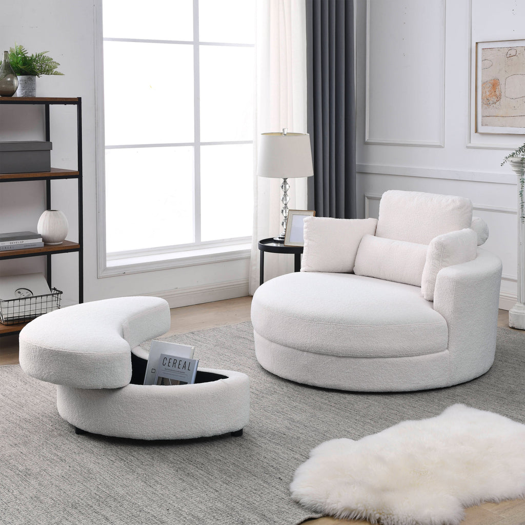 [Video] Welike Swivel Accent Barrel Modern Sofa Lounge Club Big Round Chair with Storage Ottoman TEDDY Fabric for Living Room Hotel with Pillows. *2PCS,Teddy White (Ivory)