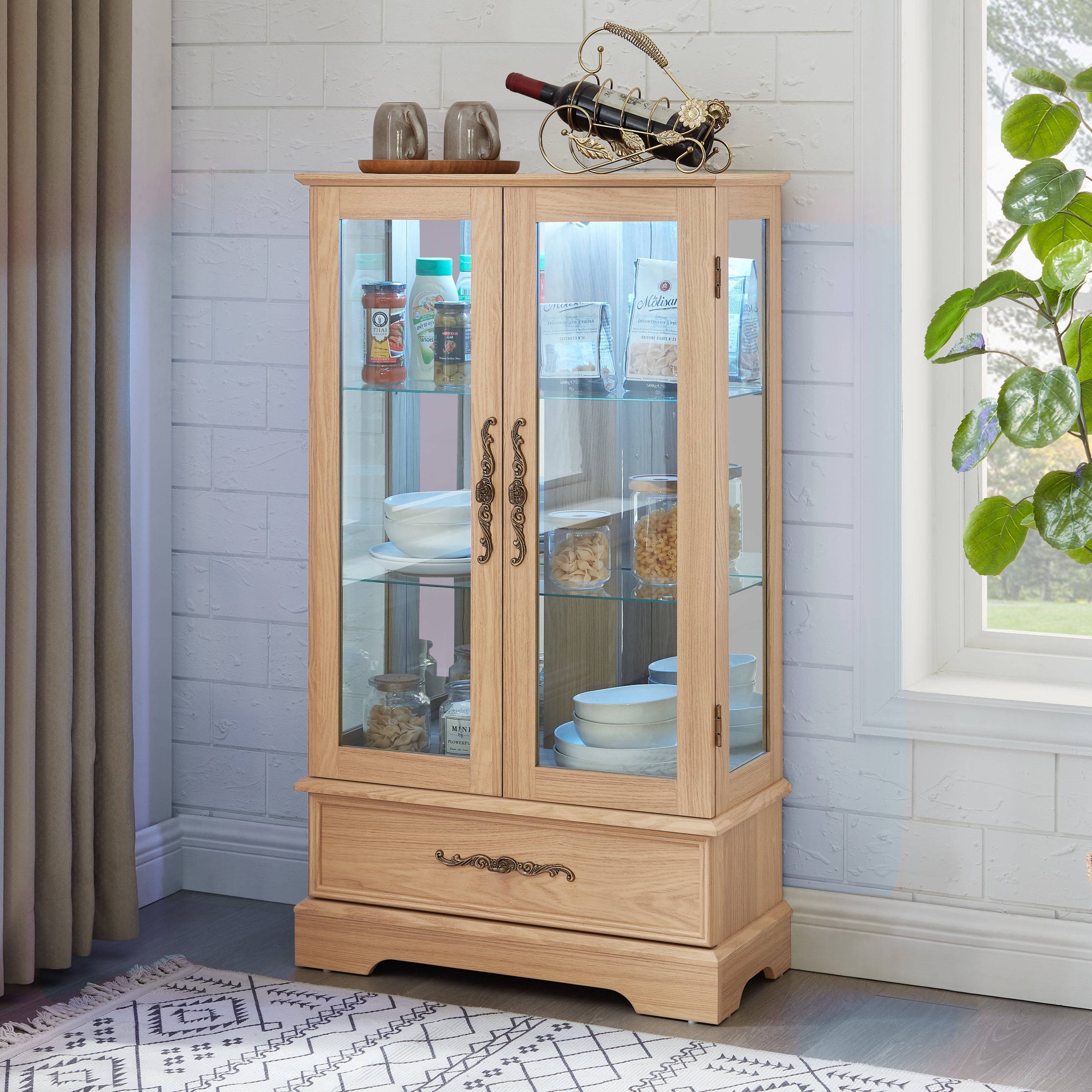 Lighted Glass Curio Display Cabinet with Adjustable Shelves - 2 Doors, 1 Drawer, LED Lights, Elegant Light Oak Finish