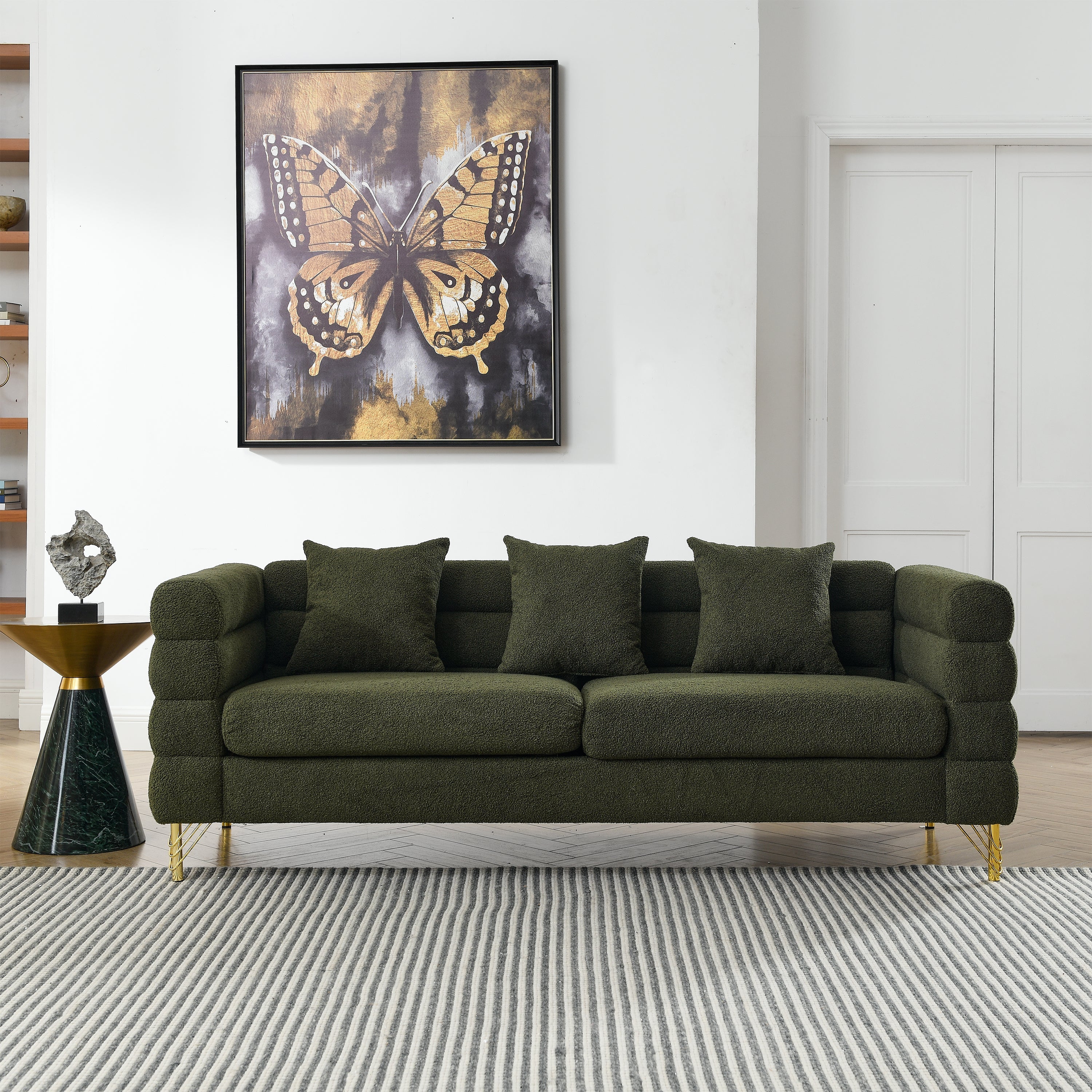 81Inch Oversized 3 Seater Sectional Sofa, Living Room Comfort Fabric Sectional Sofa - Deep Seating Sectional Sofa, Soft Sitting with 3 Pillows for Living Room, Bedroom, Office Green teddy (W834S00033)