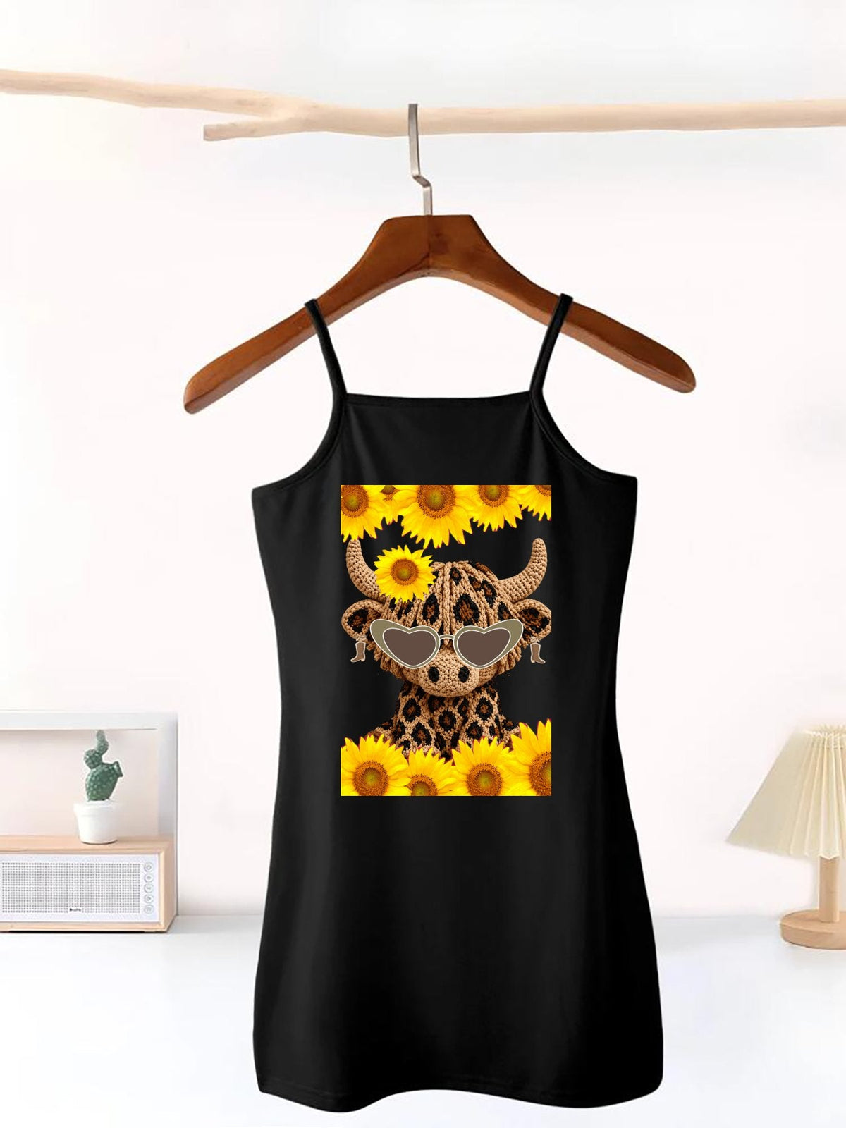 Yarn Highland Cow with Sunflowers Dress with Shoulder Straps for Girls
