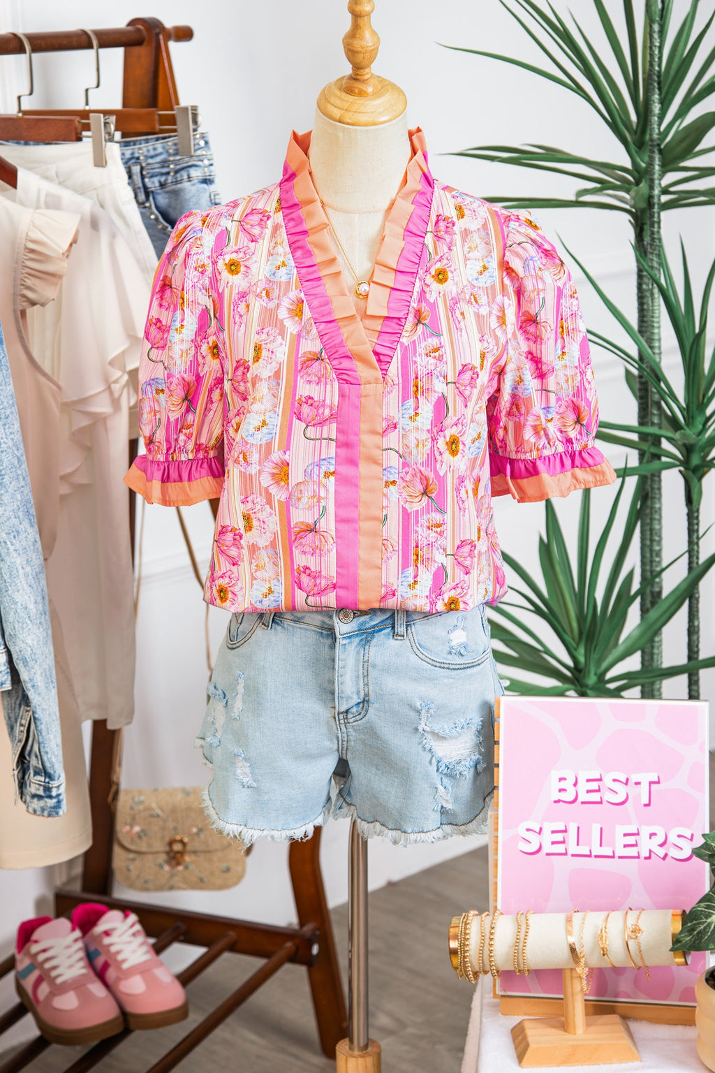 Floral Poppy Stripe Colorblock V-Neck Short Sleeve Blouse