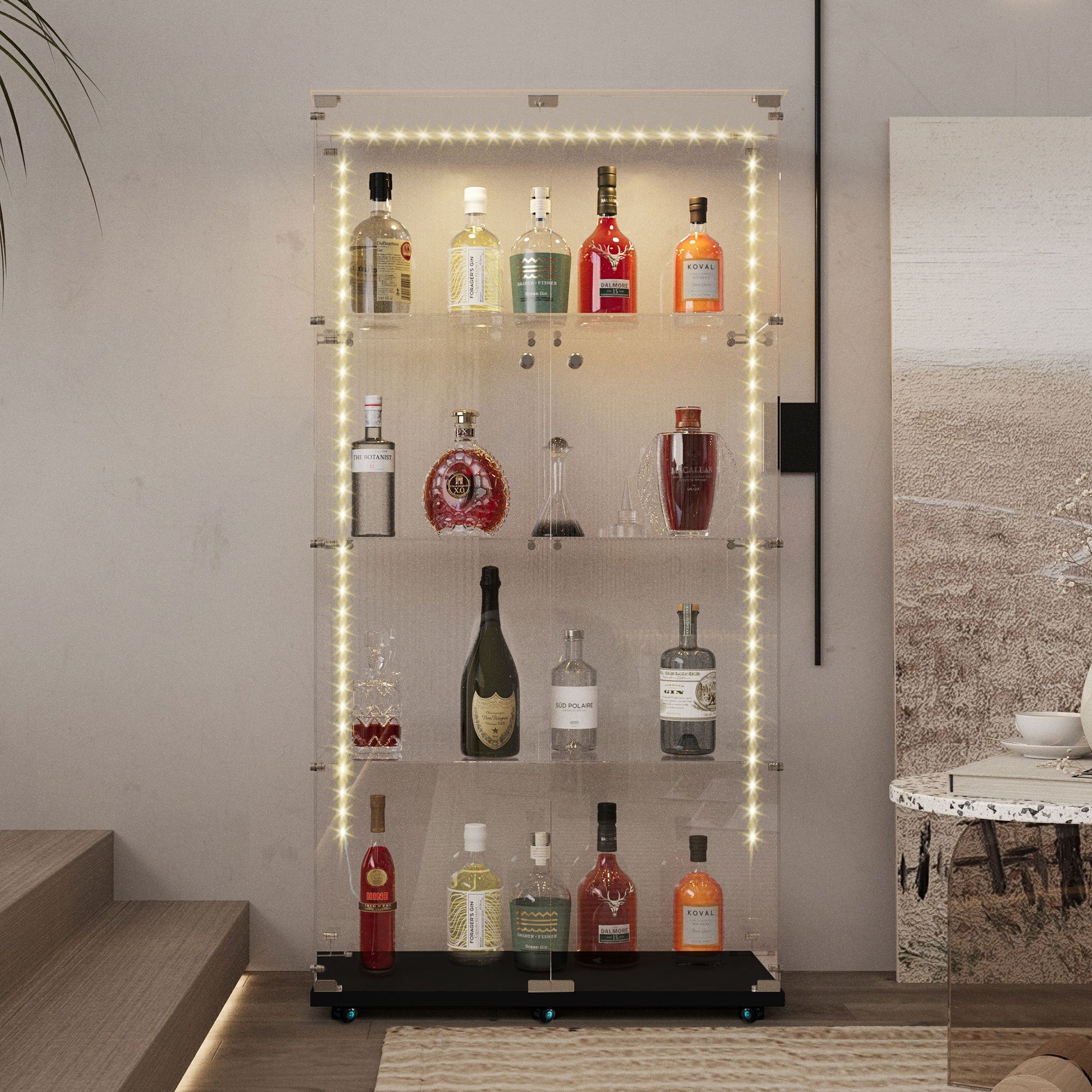 Tempered glass display cabinet,wine cabinet, storage cabinet,file cabinet,with Bluetooth LED strip,can be controlled by remote control or mobile APP,swivel casters,can be placed anywhere, color:black