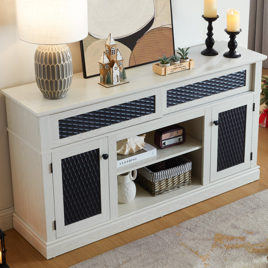 Embossed Pattern TV Stand, TV and Media Console with Open and Closed Storage Space and sliding door for Living Room & Bedroom,White, 58.27'W*15.35'W*31.7H