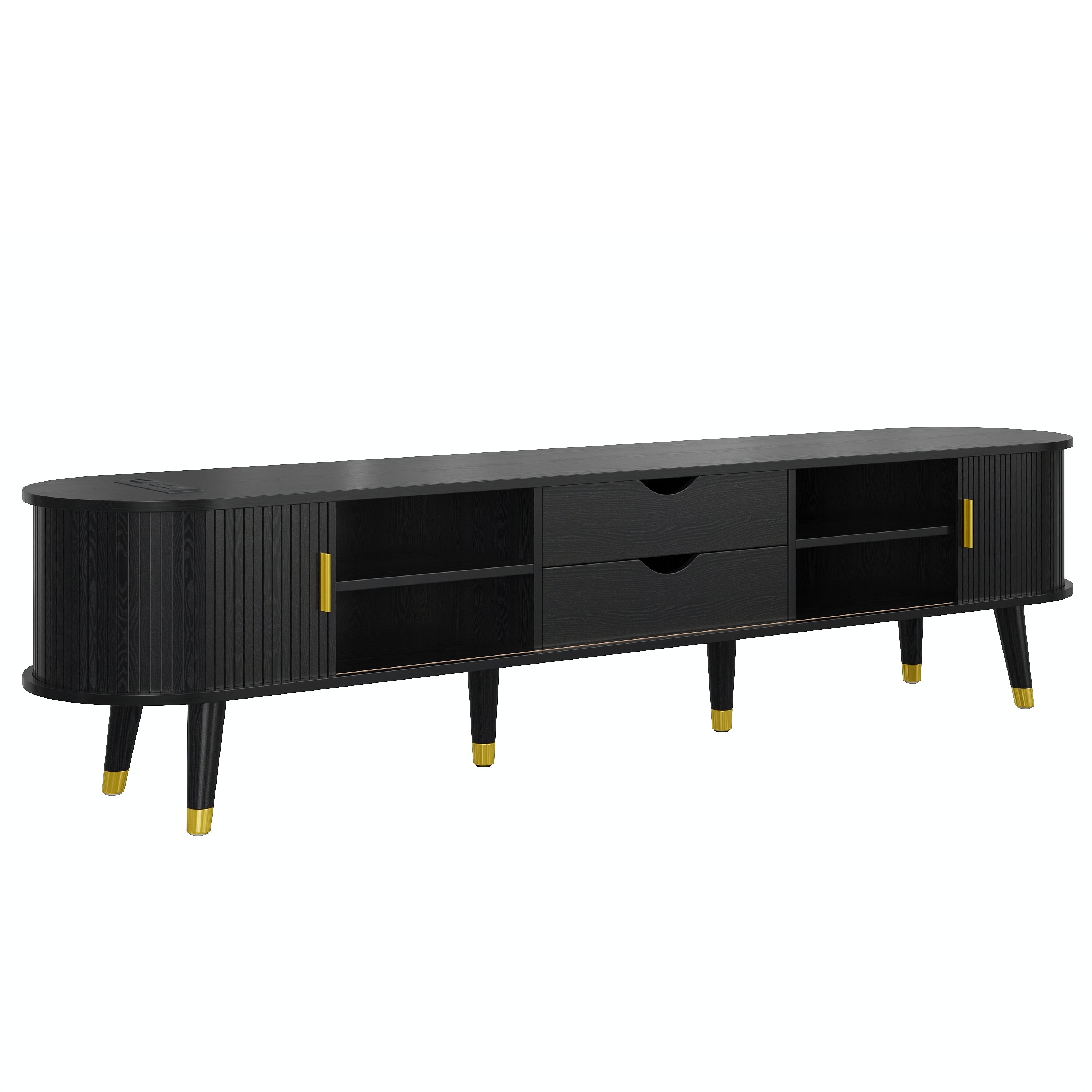 [Assembly Video]Wooden Oval Fluted TV Stand with Charging Station for TV up to 80', Mid-Century Media Console with Sliding Tambour Door, Farmhouse TV Cabinet with Golden Handle for Living Room, Black