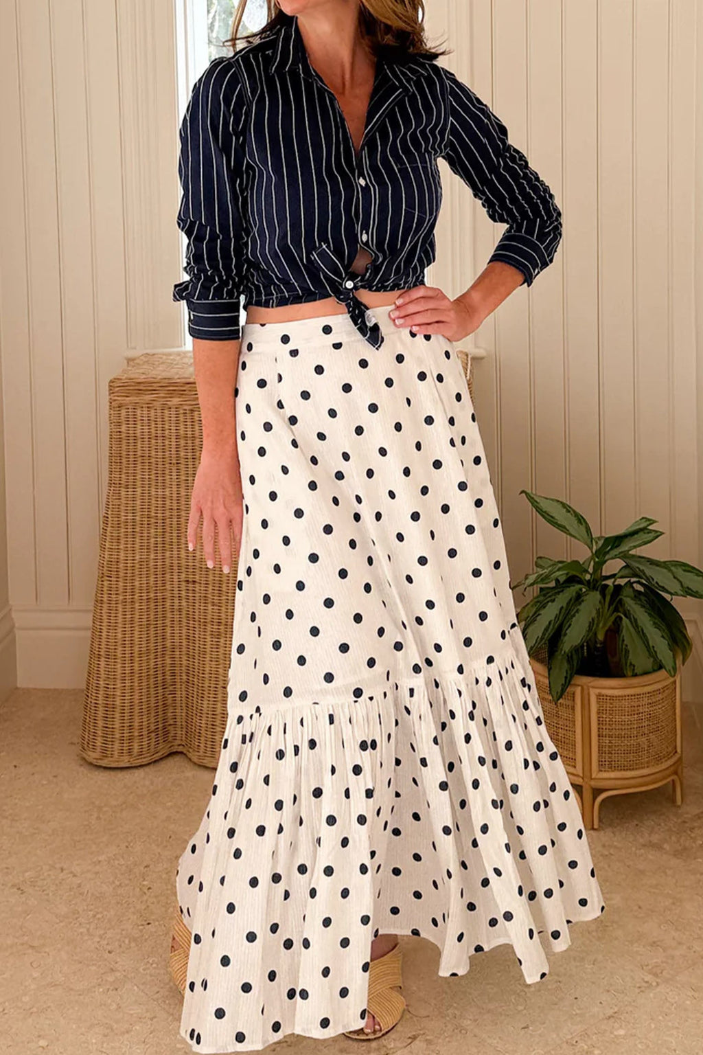 Polka Dot Ruffle Side Slit Maxi Skirt