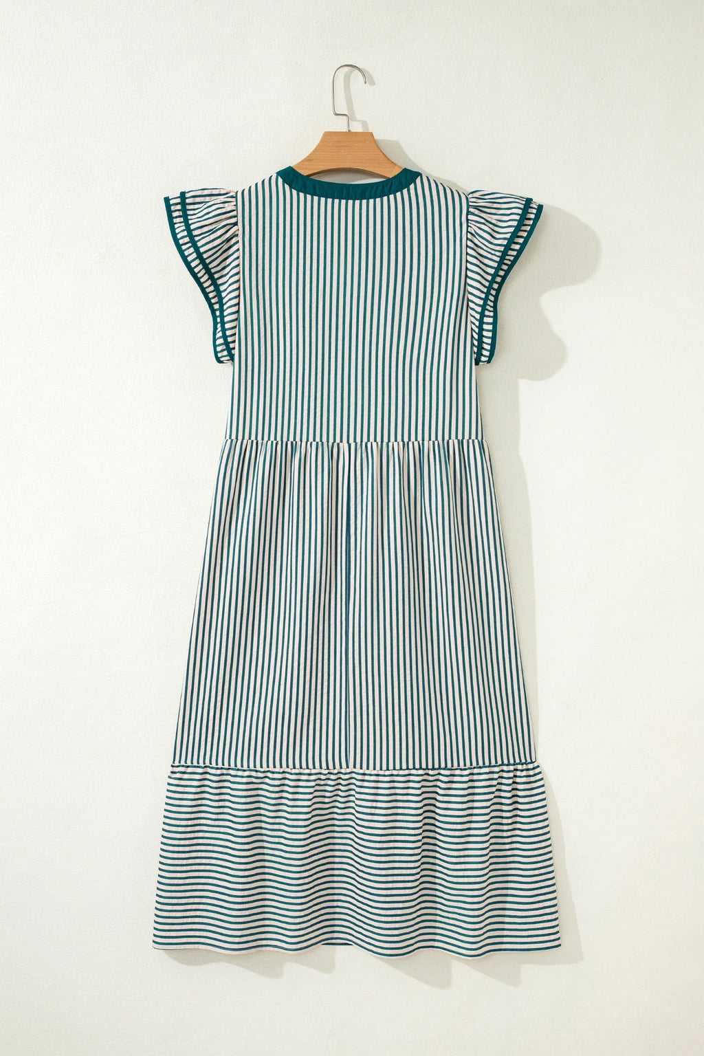 Stripe Ruffle Short Sleeve V-Neck Midi Dress