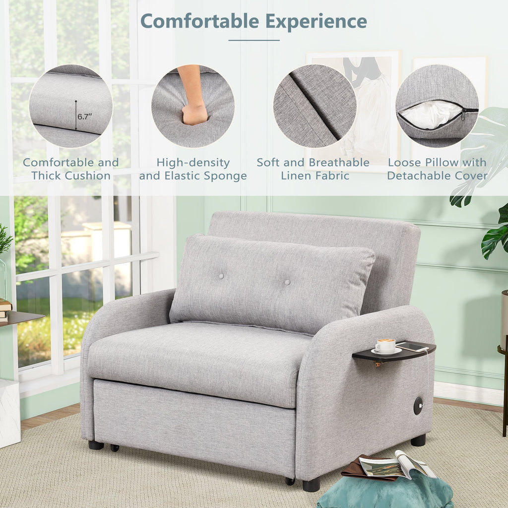 3-in-1 Pull Out Sofa Sleeper with Wing Table and USB Charge, Gray Linen, Iron Frame, 36.2-71.7'D x 42.9'W x 35.8'H